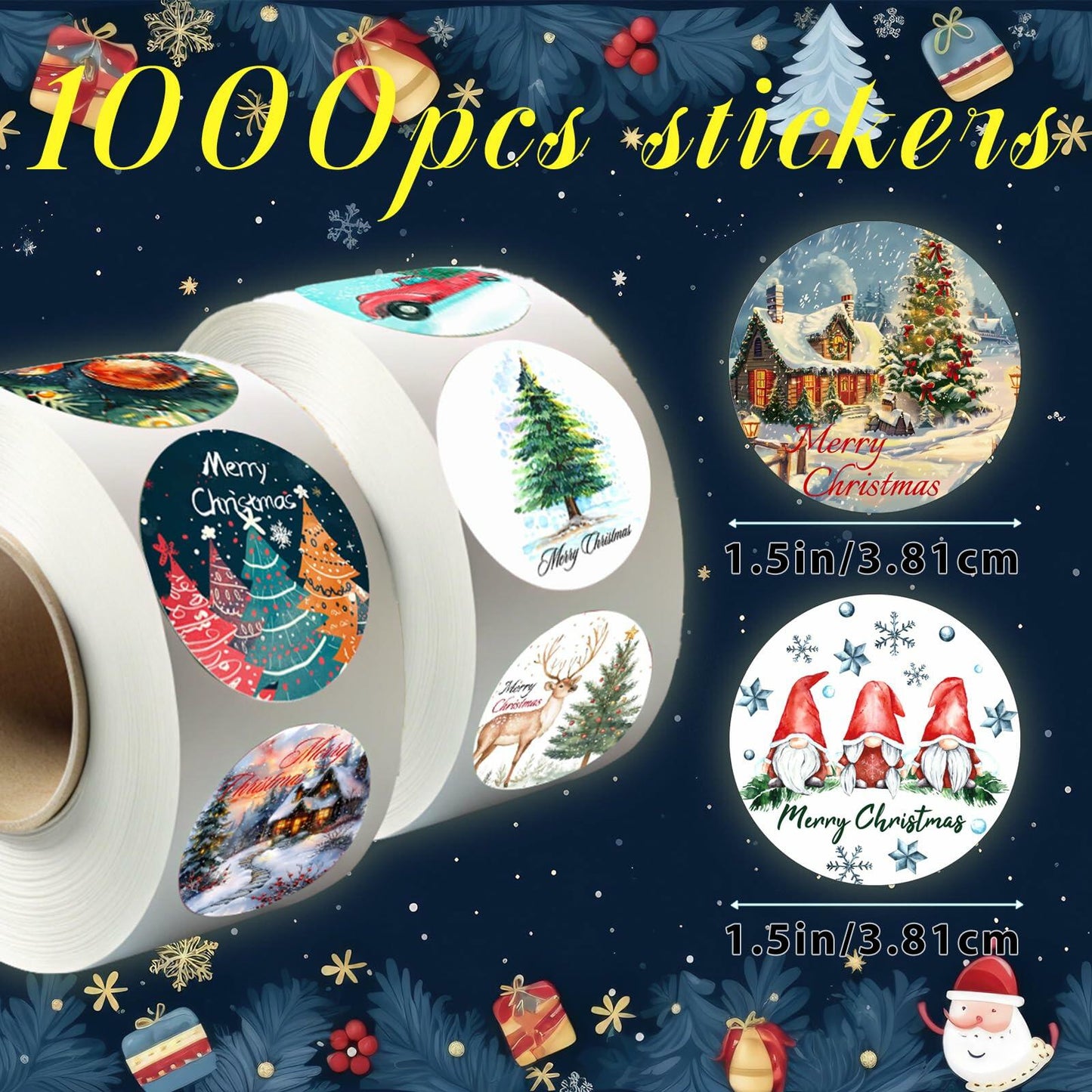 wuhuzsm 1000Pcs Christmas Stickers 2 Rolls Rustic Tree Wreath Elk Green