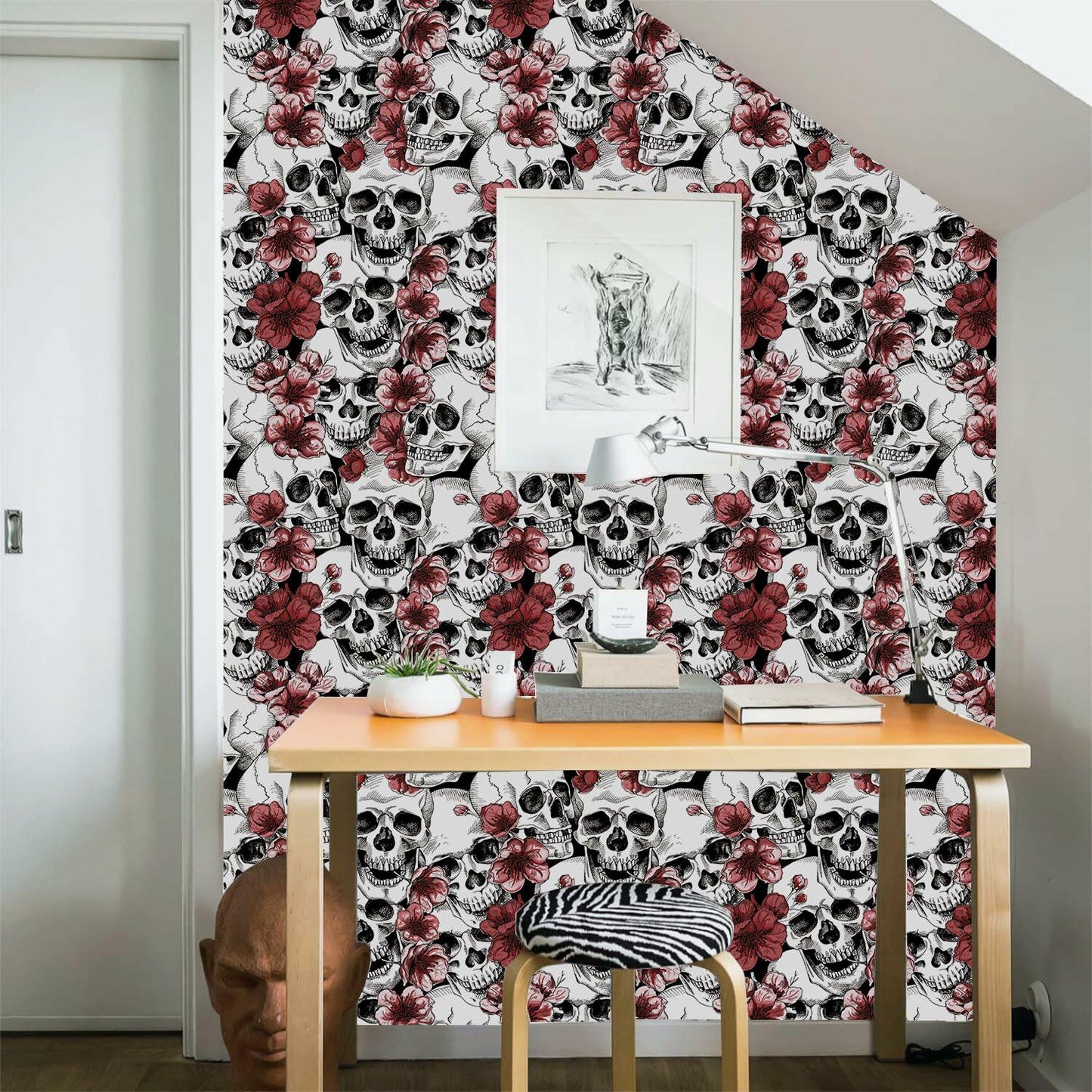 LwenSnow Halloween Skull Floral Peel Stick Wallpaper Red 17.3x236 Vinyl