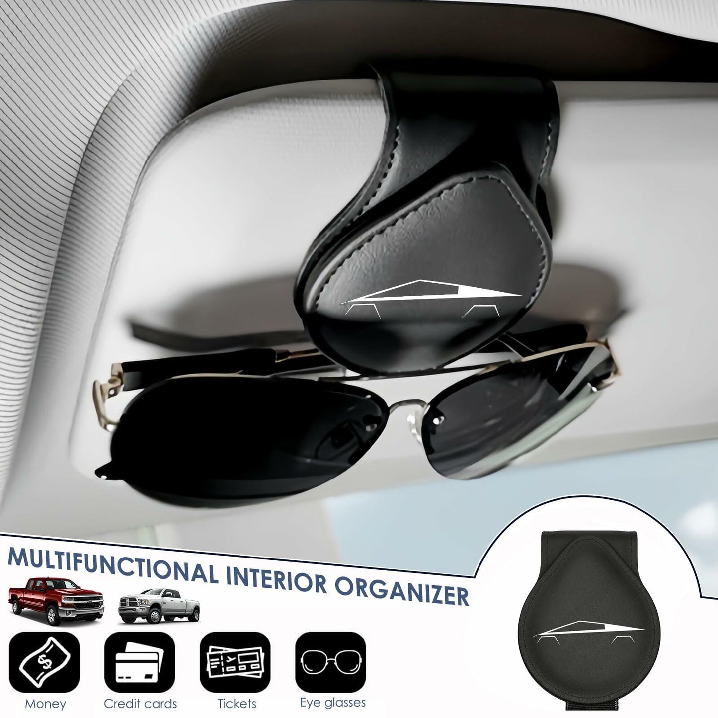 Car Sunglass Holder Tesla Cybertruck 2024-2025 Leather Visor Eyeglass Clip White