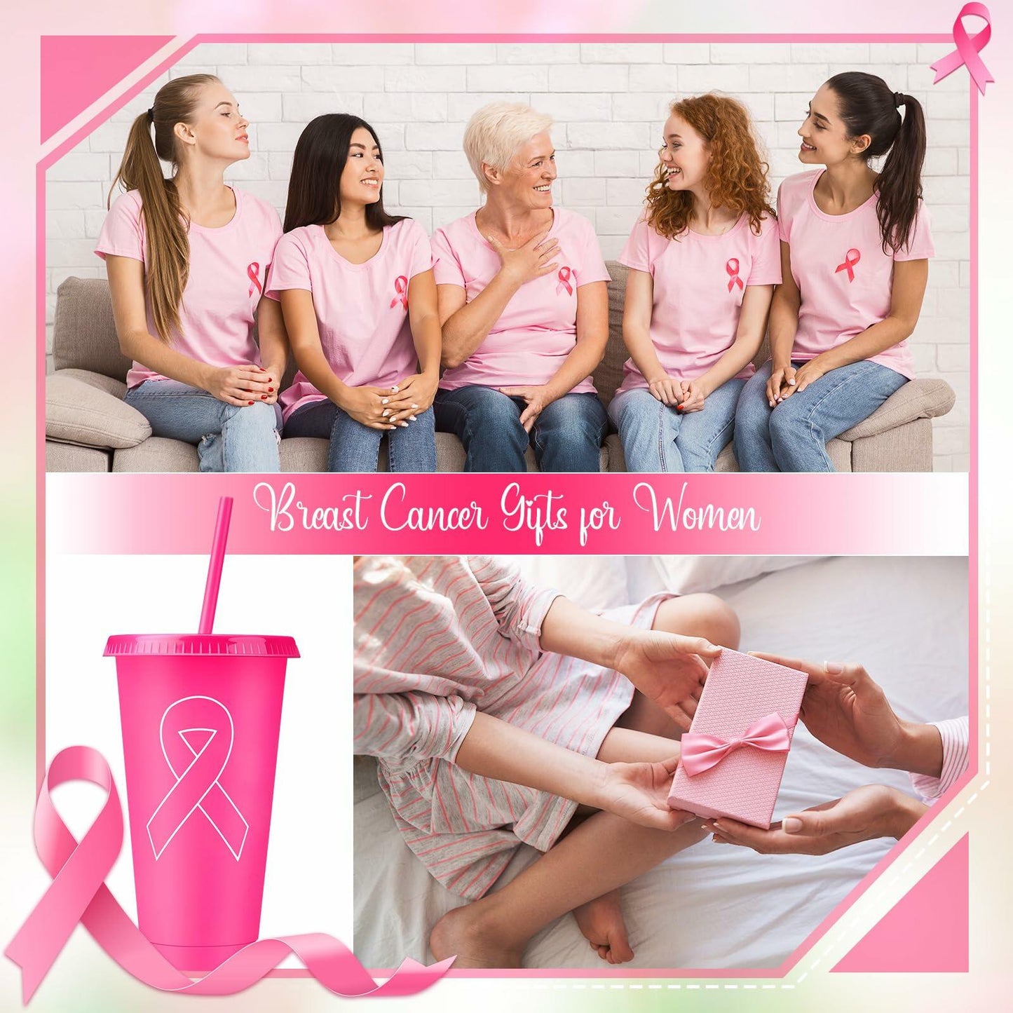 Bokon 24oz Breast Cancer Awareness Pink Tumblers with Straws 12 Pack