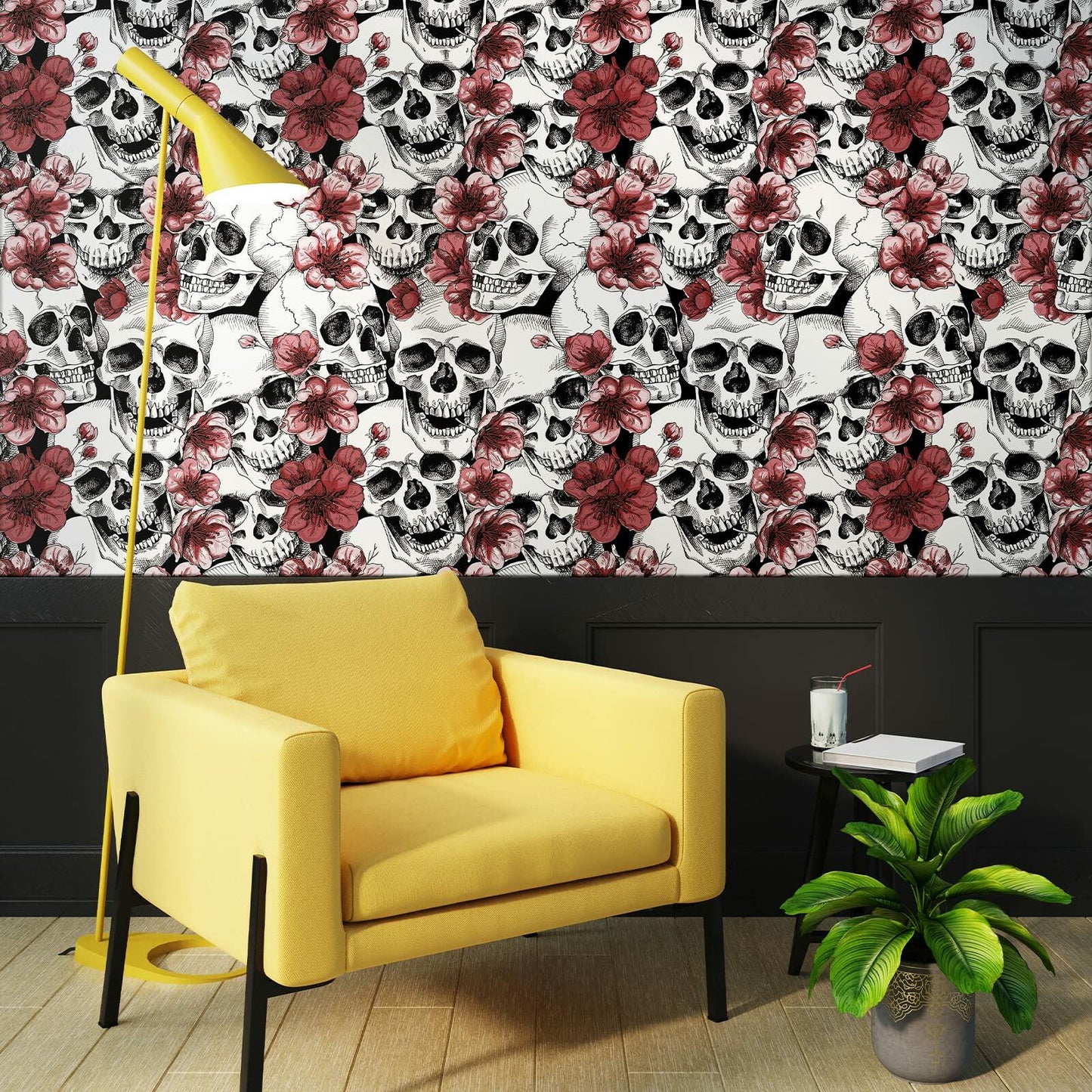 LwenSnow Halloween Skull Floral Peel Stick Wallpaper Red 17.3x236 Vinyl