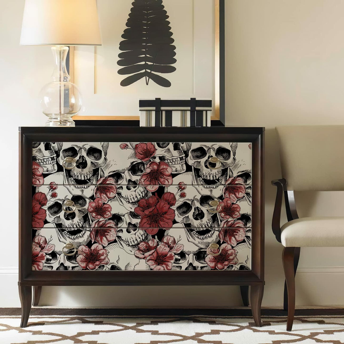 LwenSnow Halloween Skull Floral Peel Stick Wallpaper Red 17.3x236 Vinyl