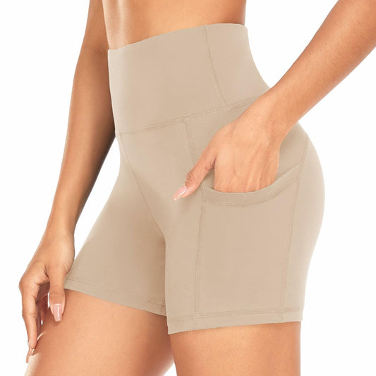 FULLSOFT Women's Biker Shorts with Pockets High Waist Tummy Control Khaki Size S