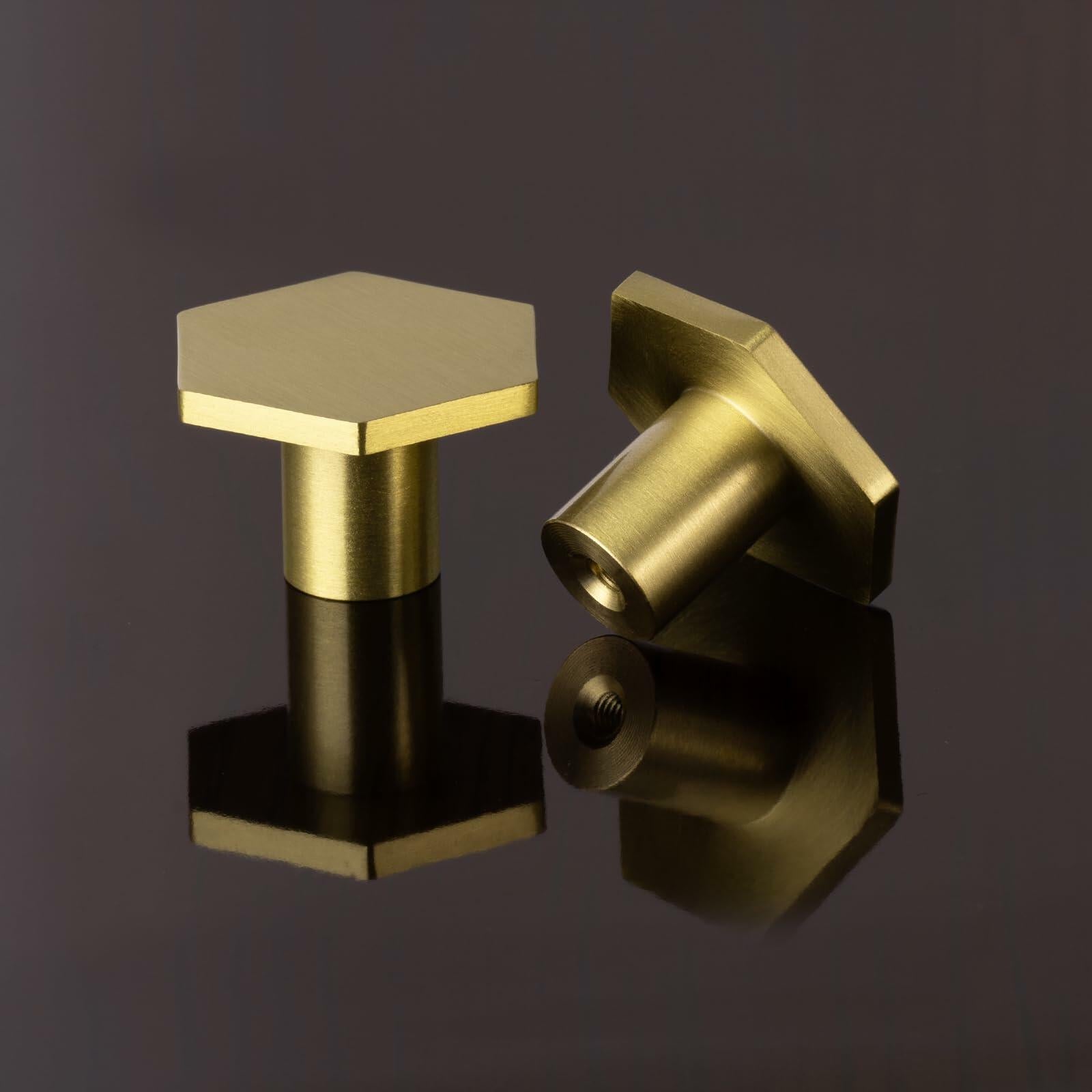 MODMONE Solid Brass Hexagonal Cabinet Knobs 1.18" Brushed Gold 10 Pack