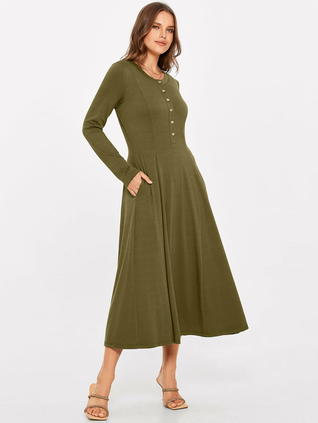 Glamaker Womens Long Sleeve Button Down Fit & Flare Dress Army Green Size L