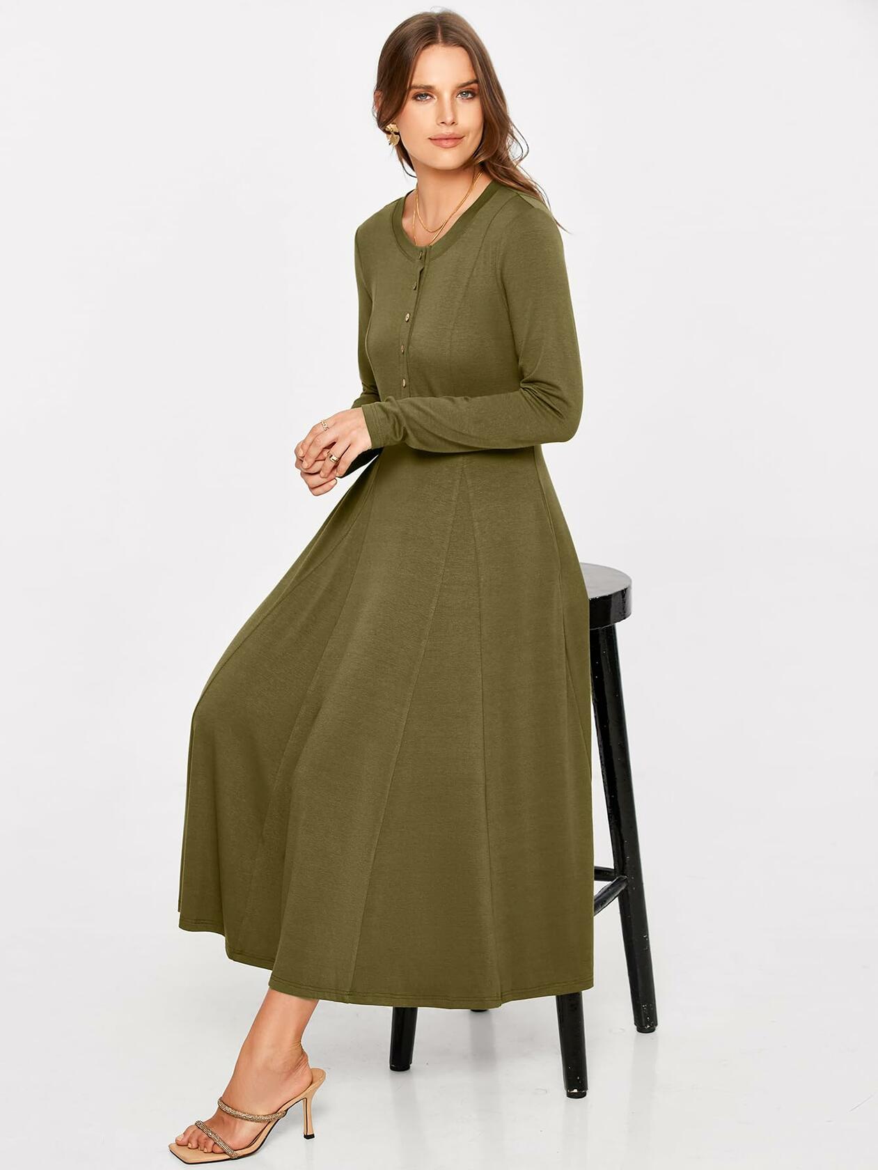 Glamaker Womens Long Sleeve Button Down Fit & Flare Dress Army Green Size L
