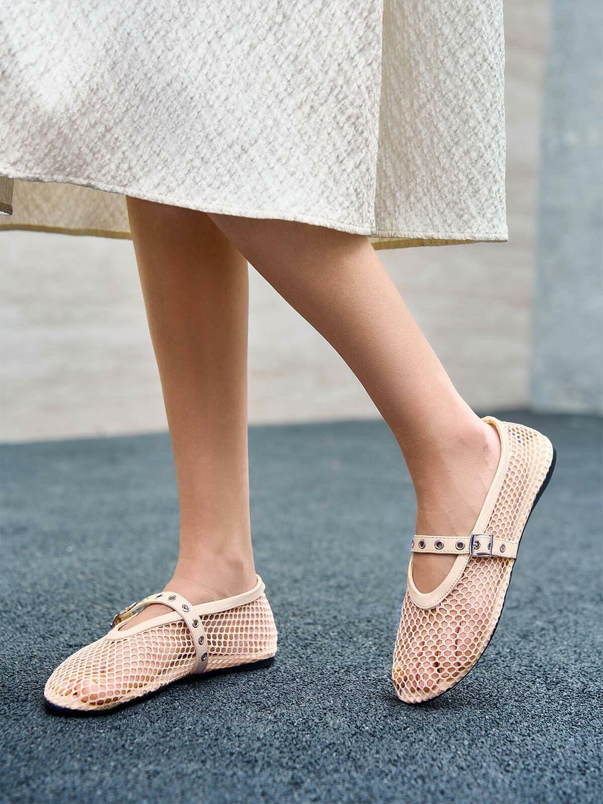 Coutgo Womens Mesh Ballet Flats Mary Jane Fishnet Ballerina Buckle Nude OPEN BOX