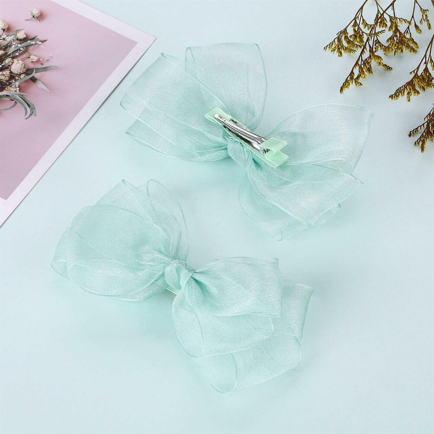 ZOLYCO Large 6 Inch Organza Double Hair Bow Clip Green 2 Pcs
