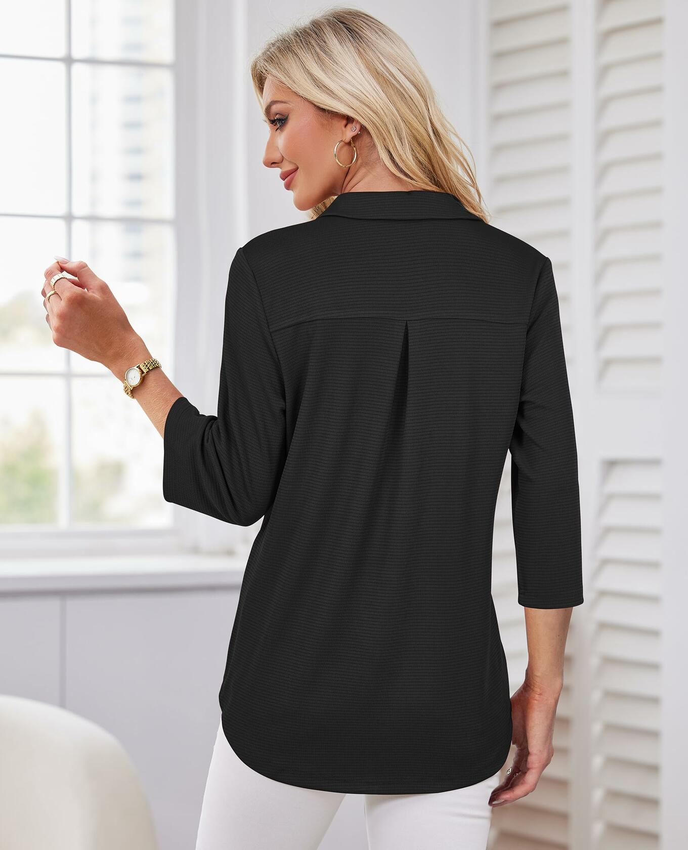 Uhiger Womens Spring Tunic Polo Shirt V Neck 3/4 Sleeve Black Size S