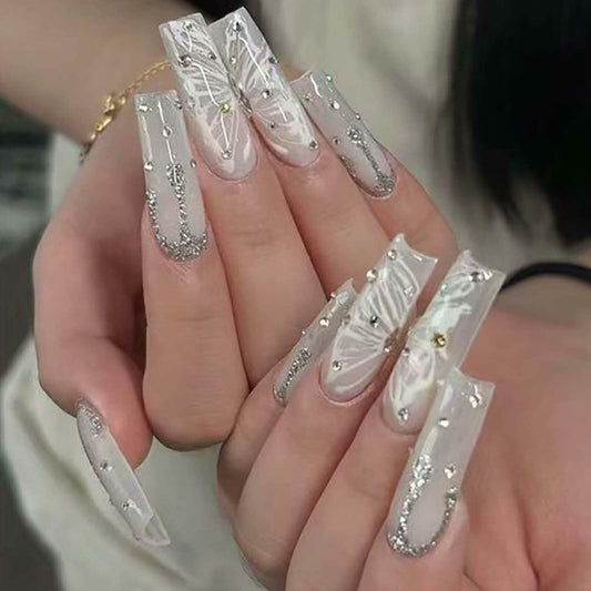 Gifiky Long Square Press-On Nails 24Pcs Gray Glitter Marble Fake Nails Women