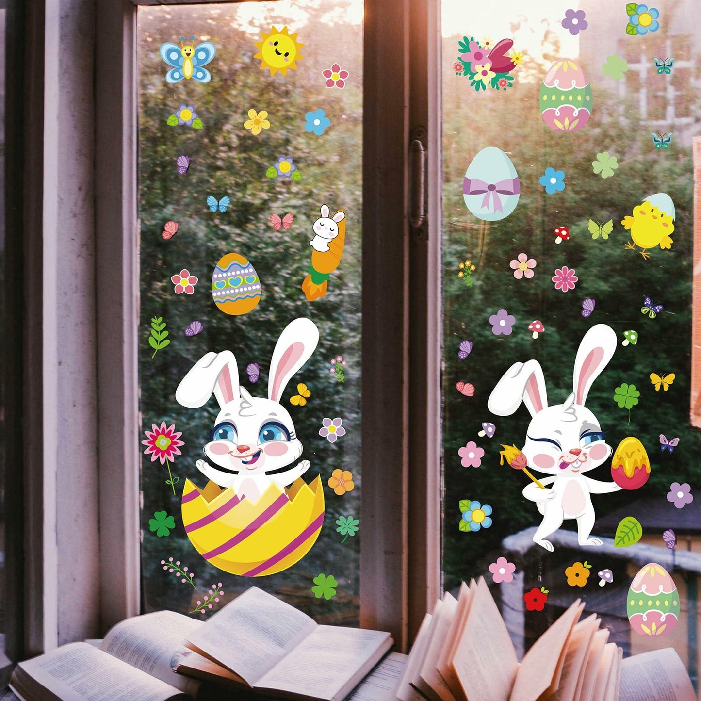 AOWDIAO Easter Window Clings 12 Sheets 366 Pcs Reusable 12x9 Inch Colorful
