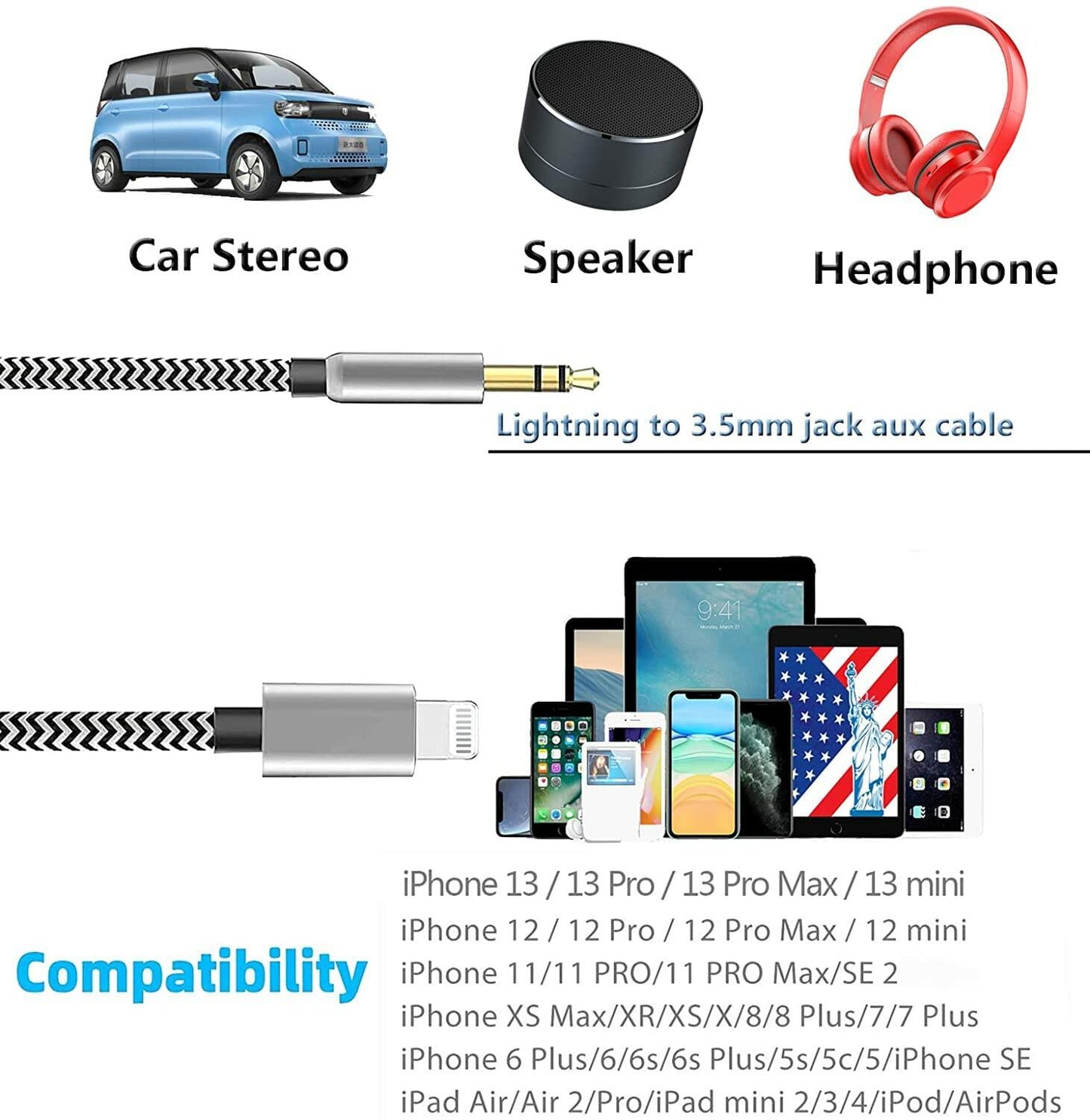 esbeecables Apple iPhone Lightning to 3.5mm Aux Cable Silver 3.3ft