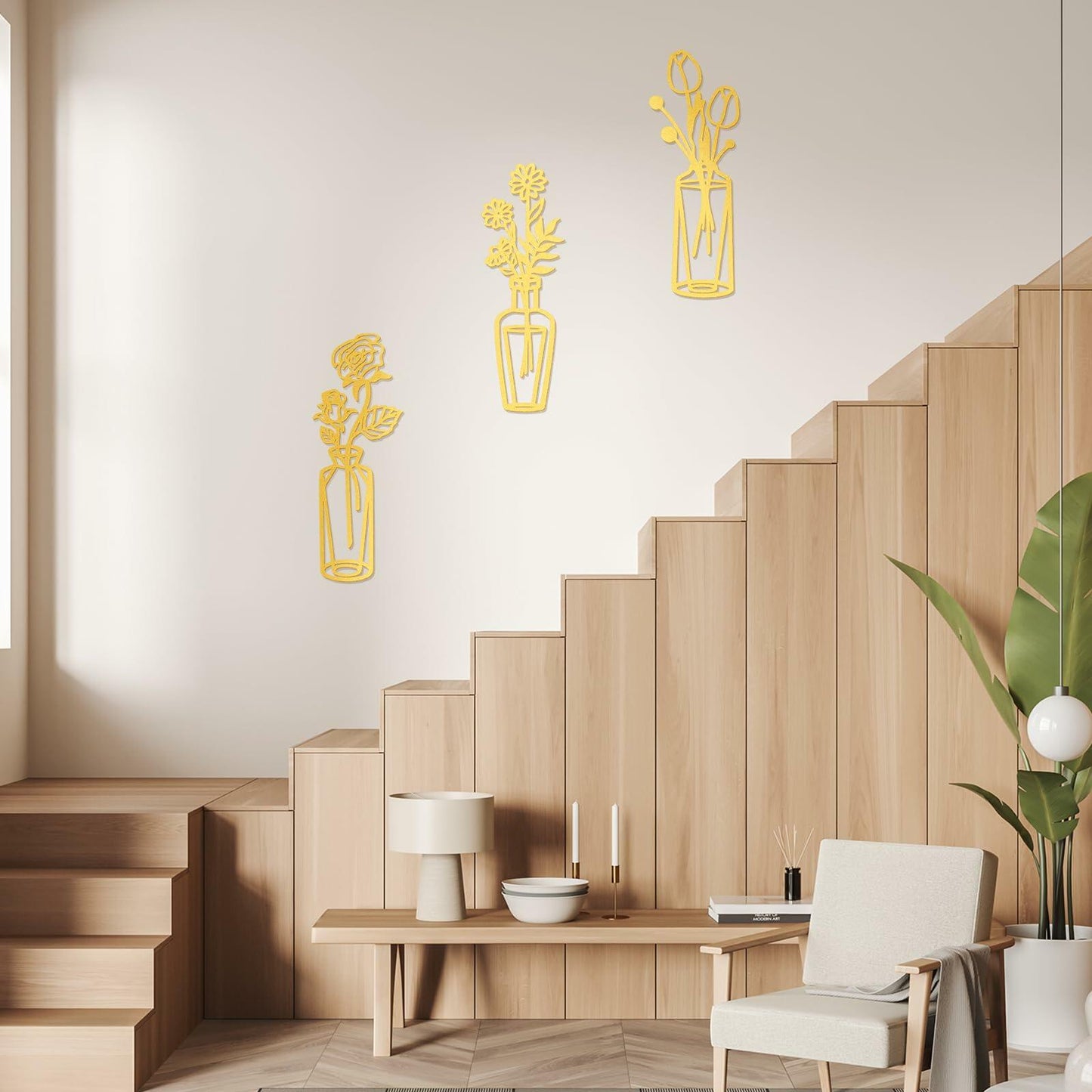 MorningRo 3 Pieces Metal Flowers Wall Decor Vase Rustic Farmhouse Gold