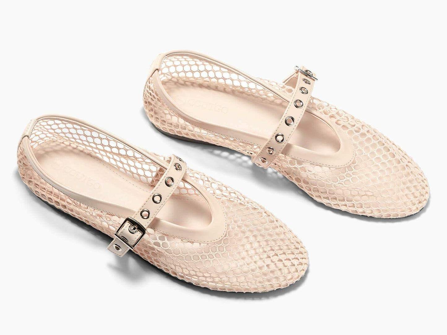 Coutgo Womens Mesh Ballet Flats Mary Jane Fishnet Ballerina Buckle Nude OPEN BOX