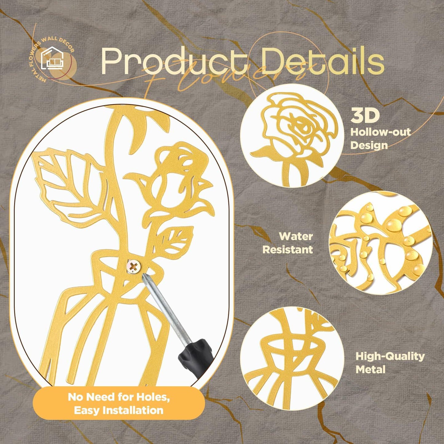 MorningRo 3 Pieces Metal Flowers Wall Decor Vase Rustic Farmhouse Gold