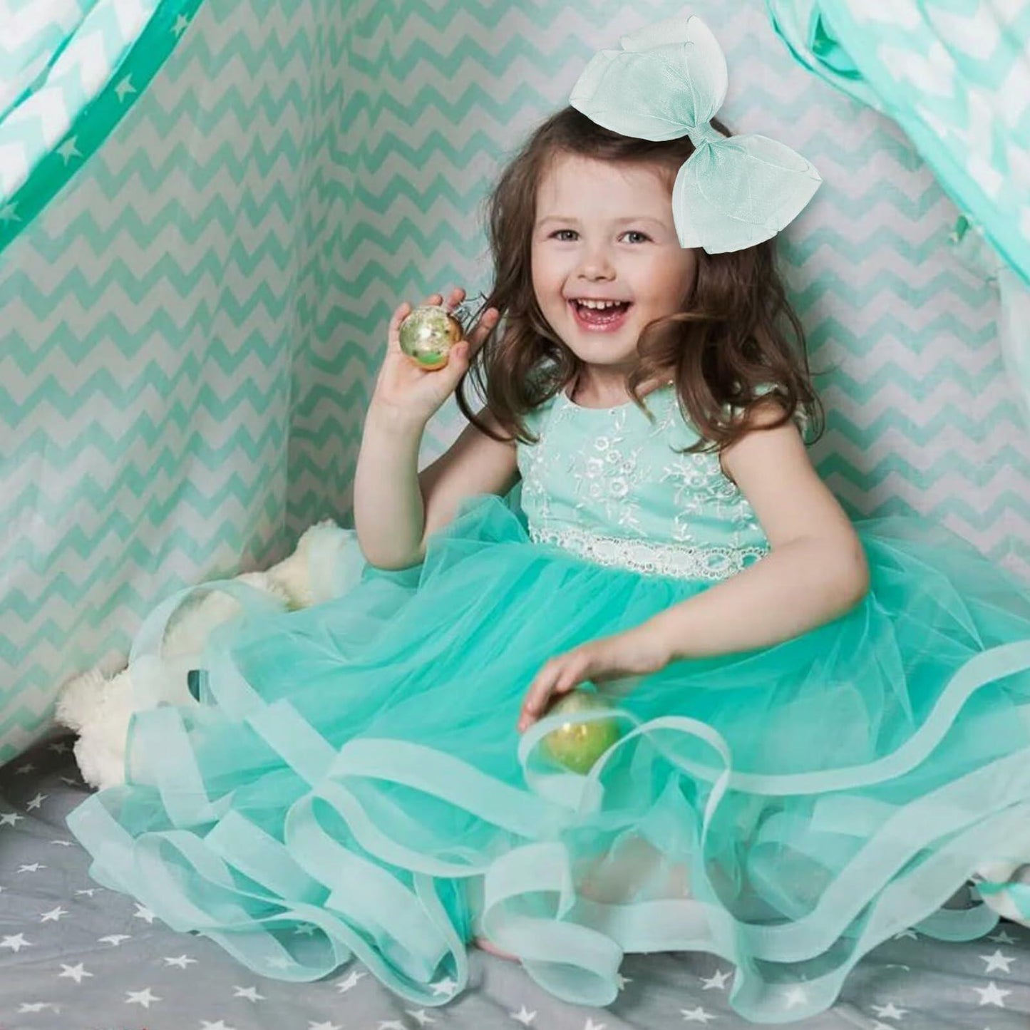 ZOLYCO Large 6 Inch Organza Double Hair Bow Clip Green 2 Pcs