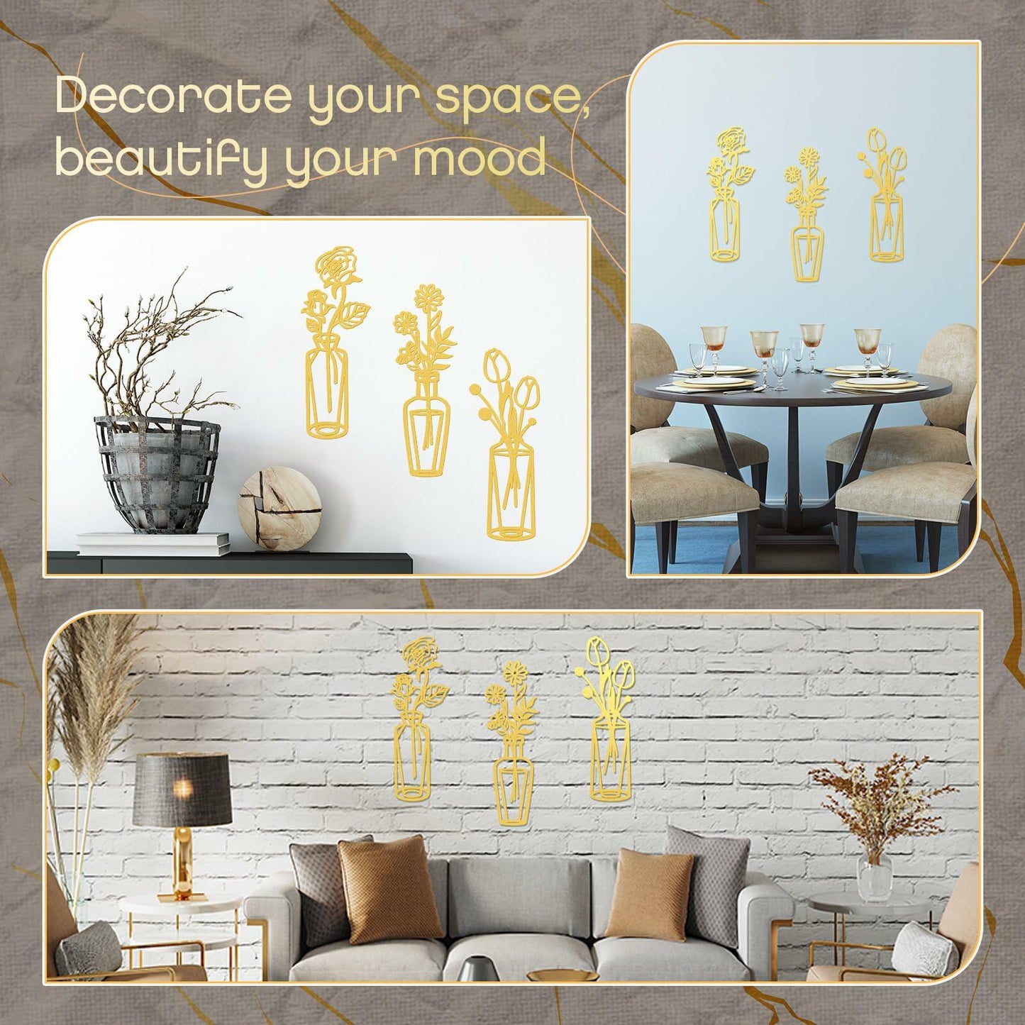 MorningRo 3 Pieces Metal Flowers Wall Decor Vase Rustic Farmhouse Gold