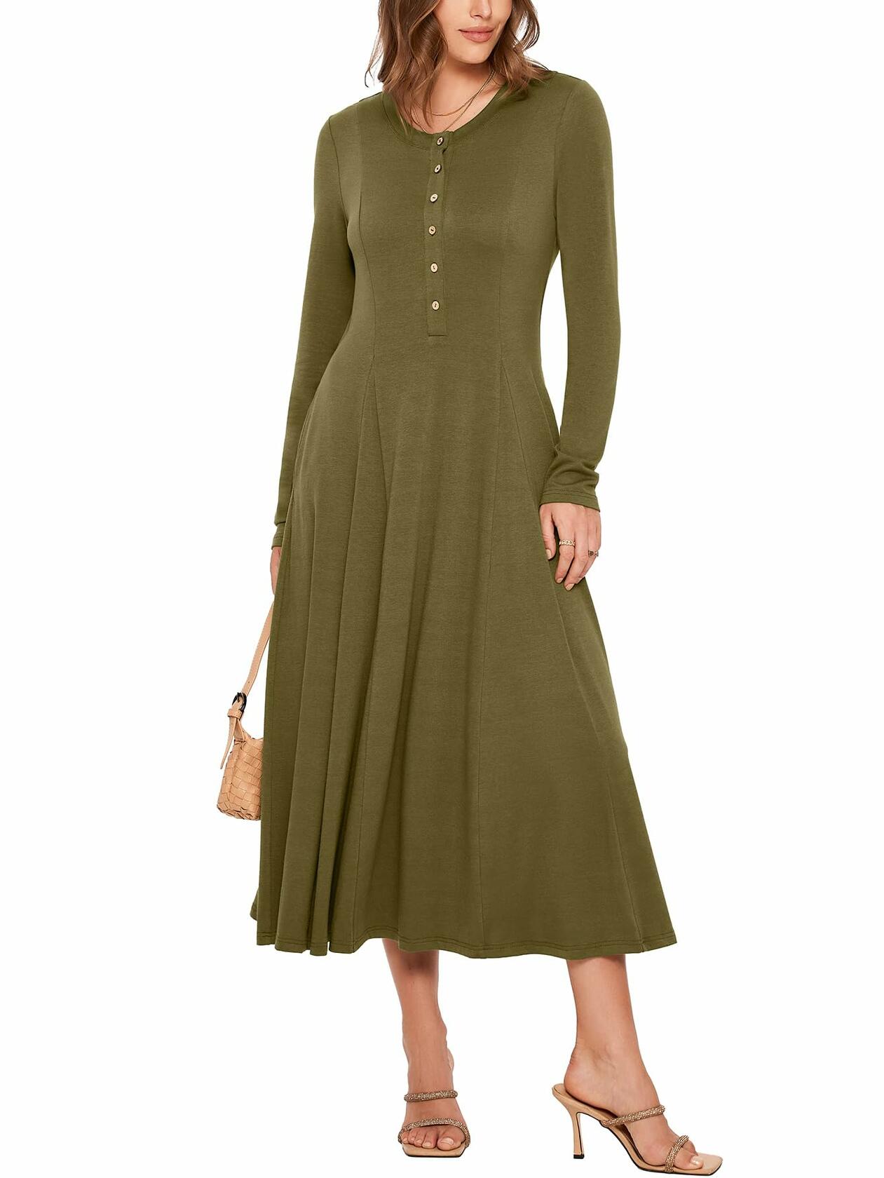 Glamaker Womens Long Sleeve Button Down Fit & Flare Dress Army Green Size L