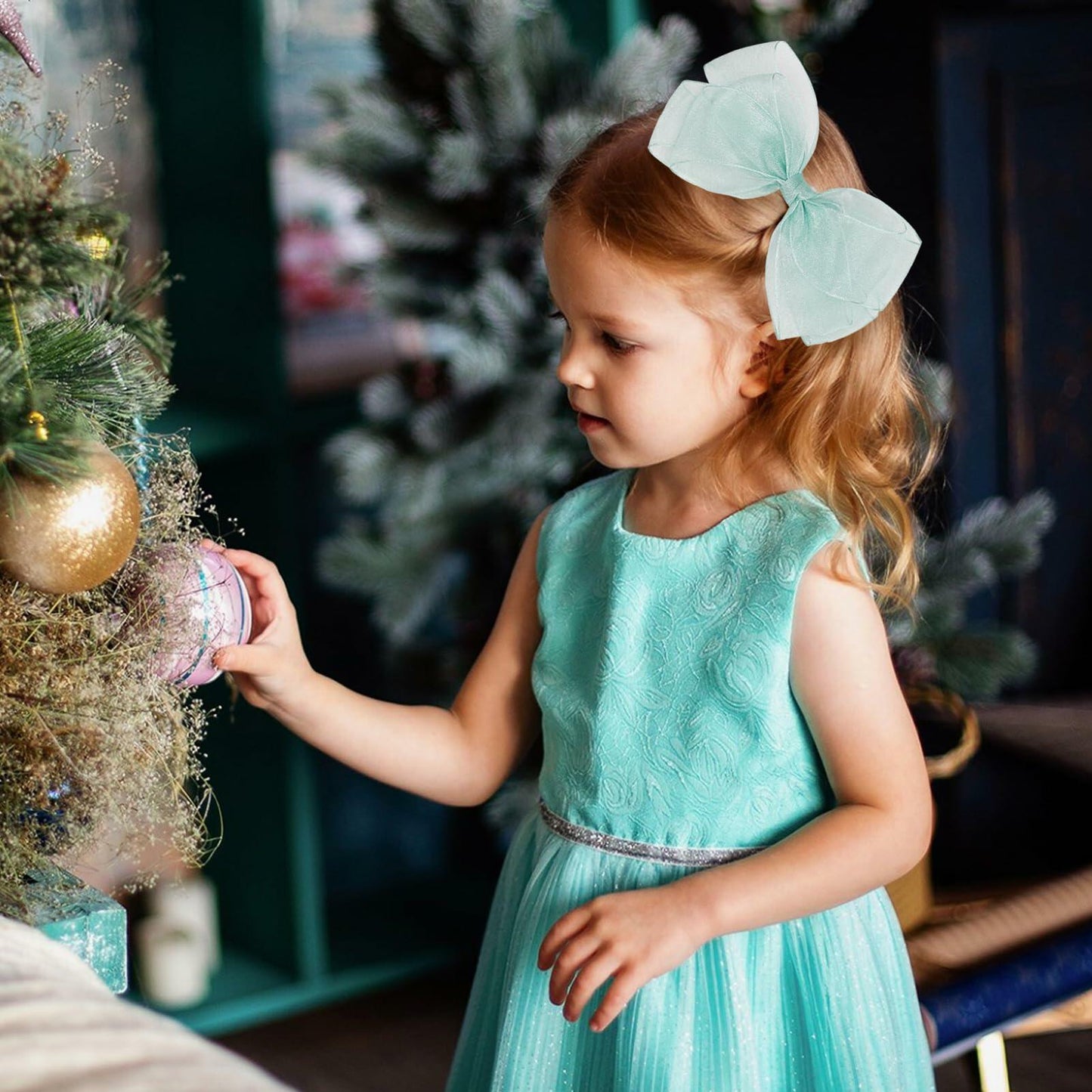 ZOLYCO Large 6 Inch Organza Double Hair Bow Clip Green 2 Pcs