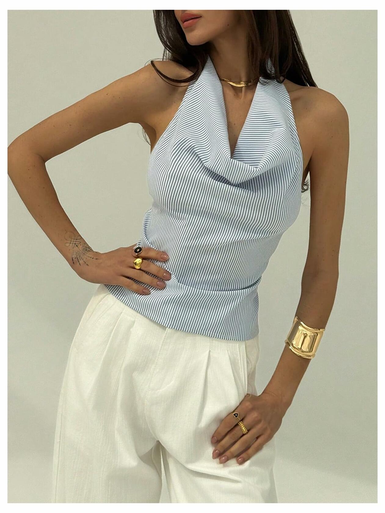 SOLY HUX Women's Striped Deep V Neck Bow Tie Backless Halter Top Blue Size S