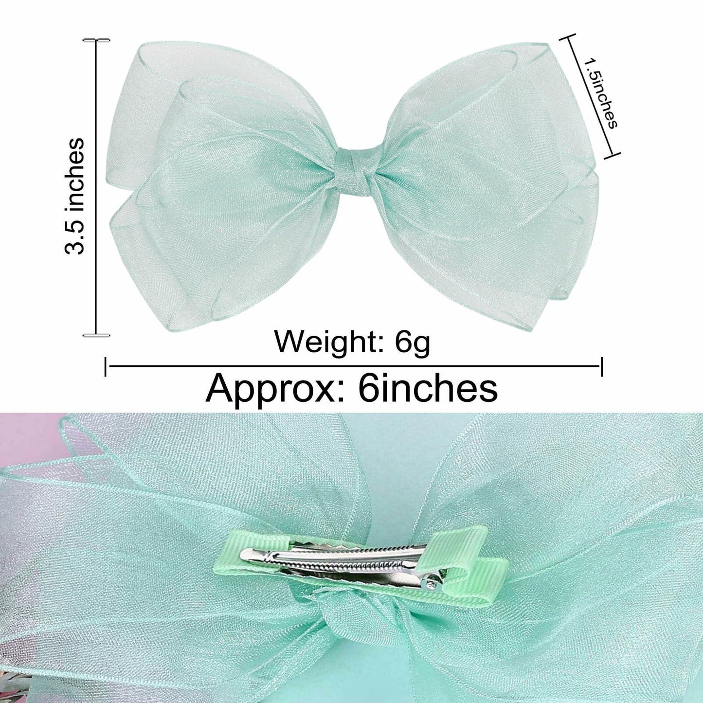 ZOLYCO Large 6 Inch Organza Double Hair Bow Clip Green 2 Pcs