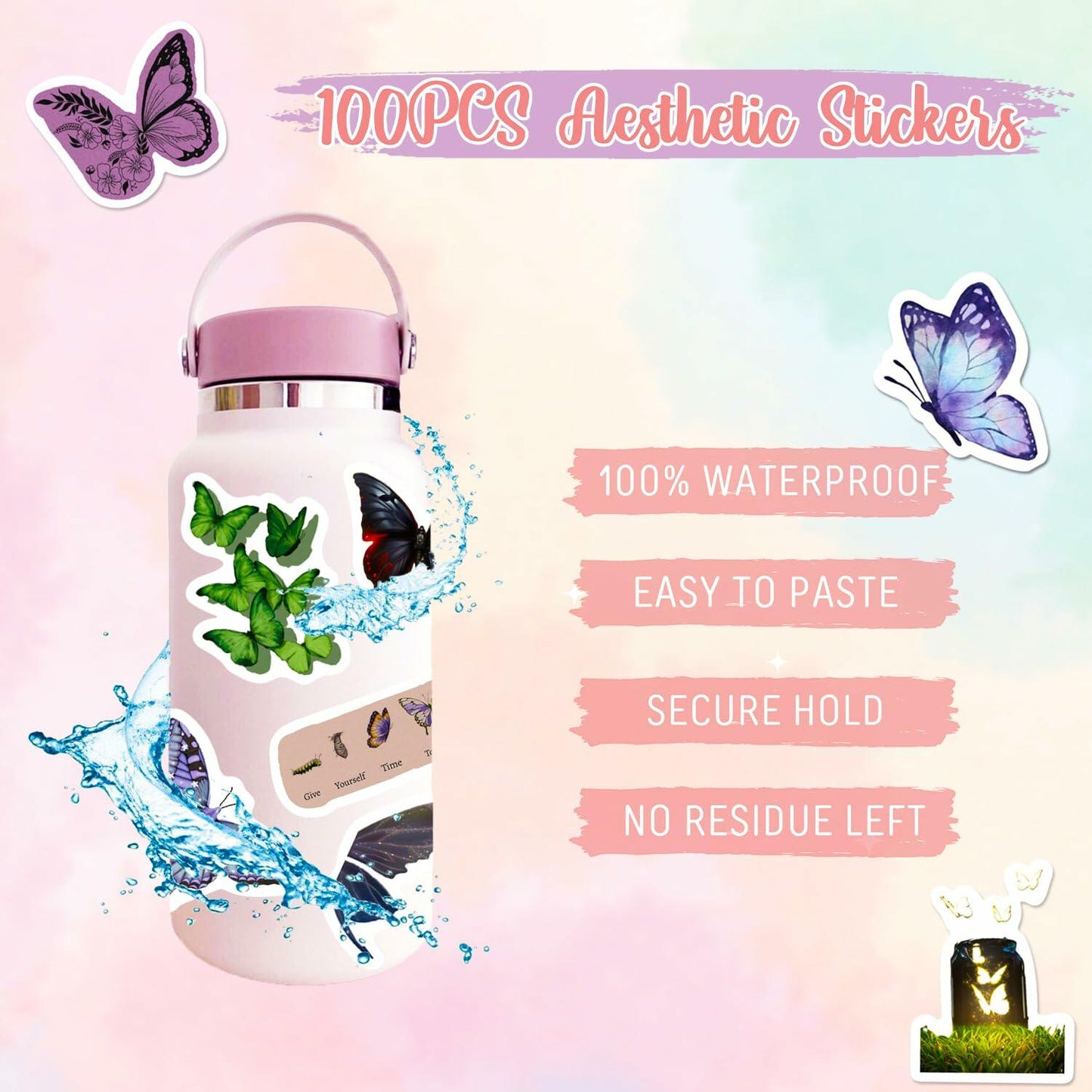 Sunvalley Butterfly Stickers 100 PCS Assorted Vinyl Waterproof Cute Aesthetic