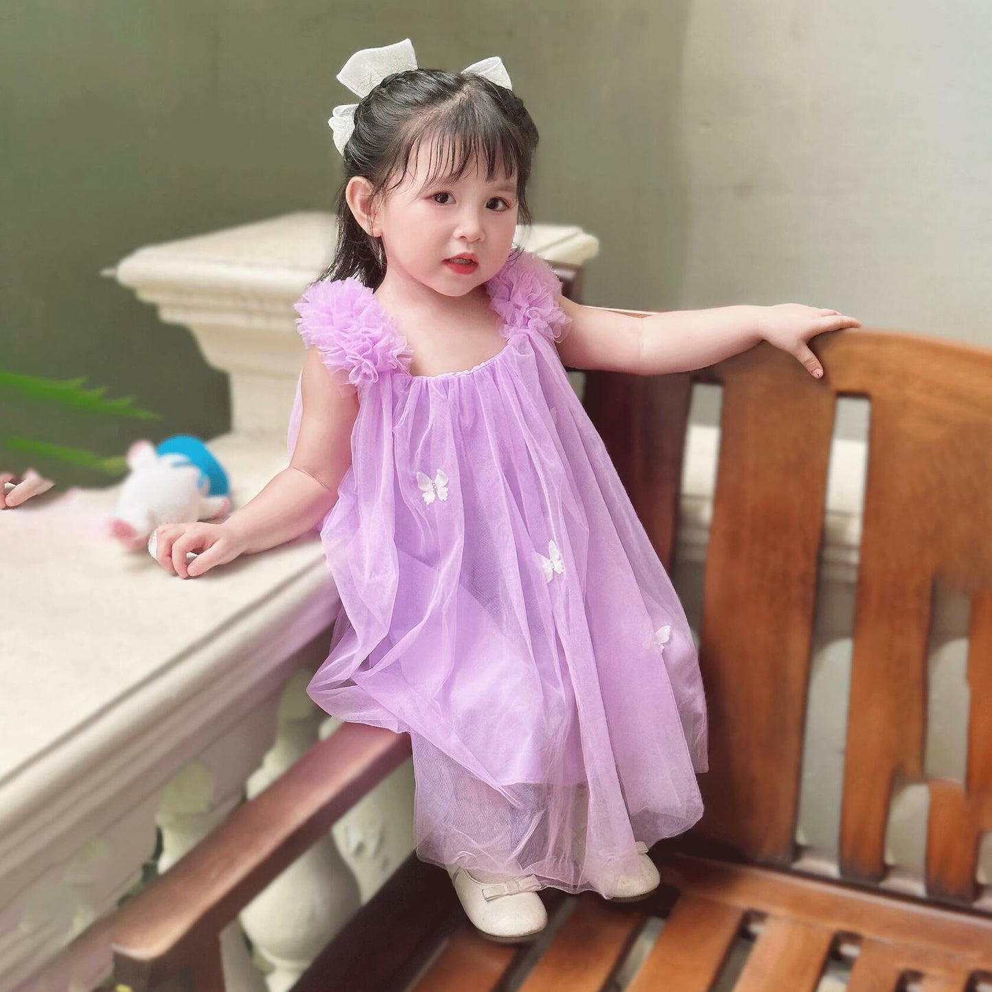 QB Baby Girl Dress Vintage Lace Collar Tulle Skirt Purple Butterfly 12M