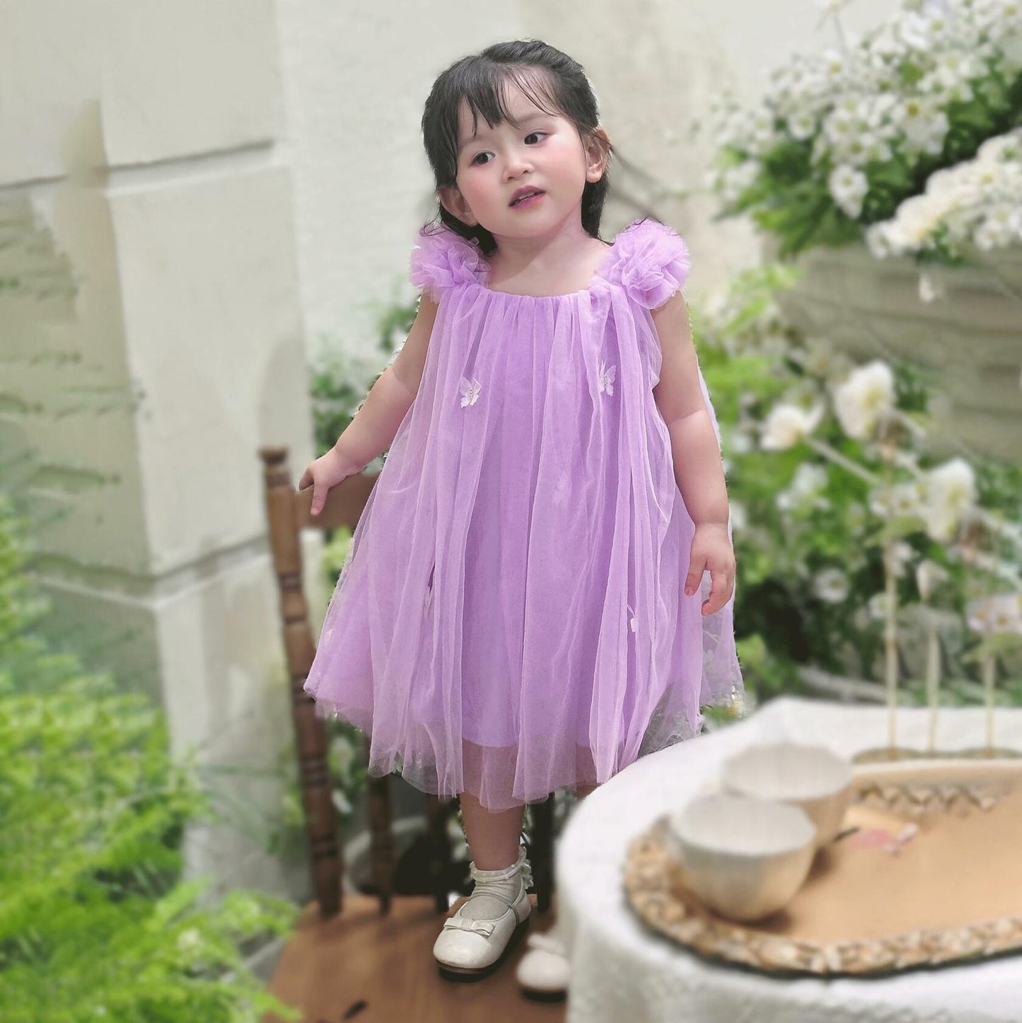 QB Baby Girl Dress Vintage Lace Collar Tulle Skirt Purple Butterfly 12M