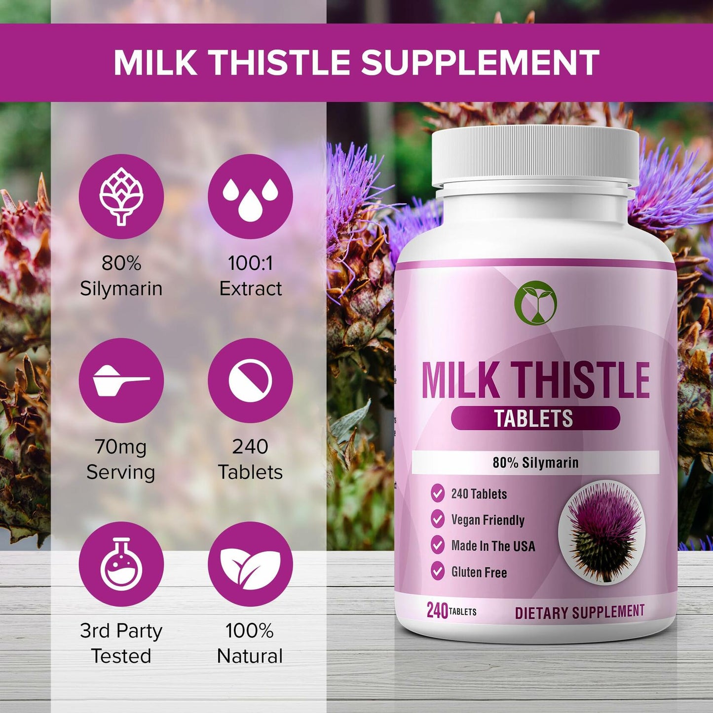 Natural Foundation Milk Thistle Supplement 70mg 240 Tablets USA 100:1 Extract