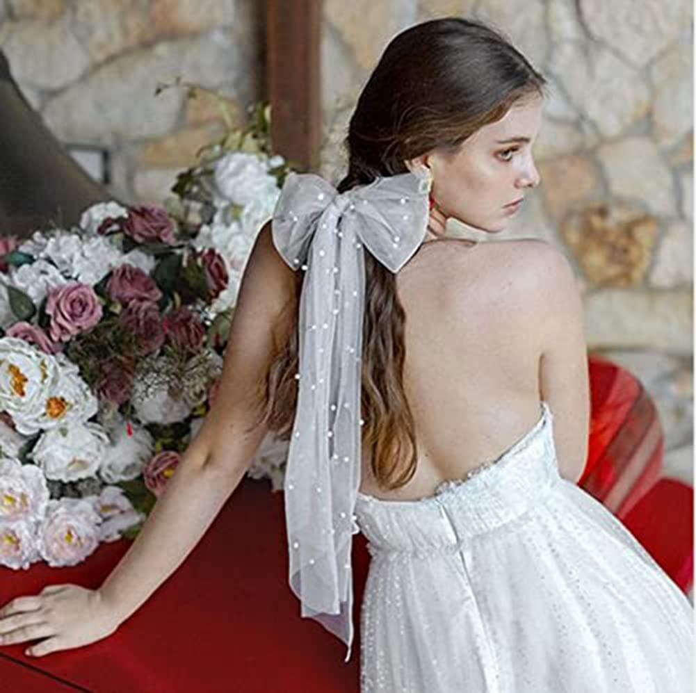 AKOAK White Bow Pearl Hairpin Wedding Tiara Hair Ornament 1 Pack