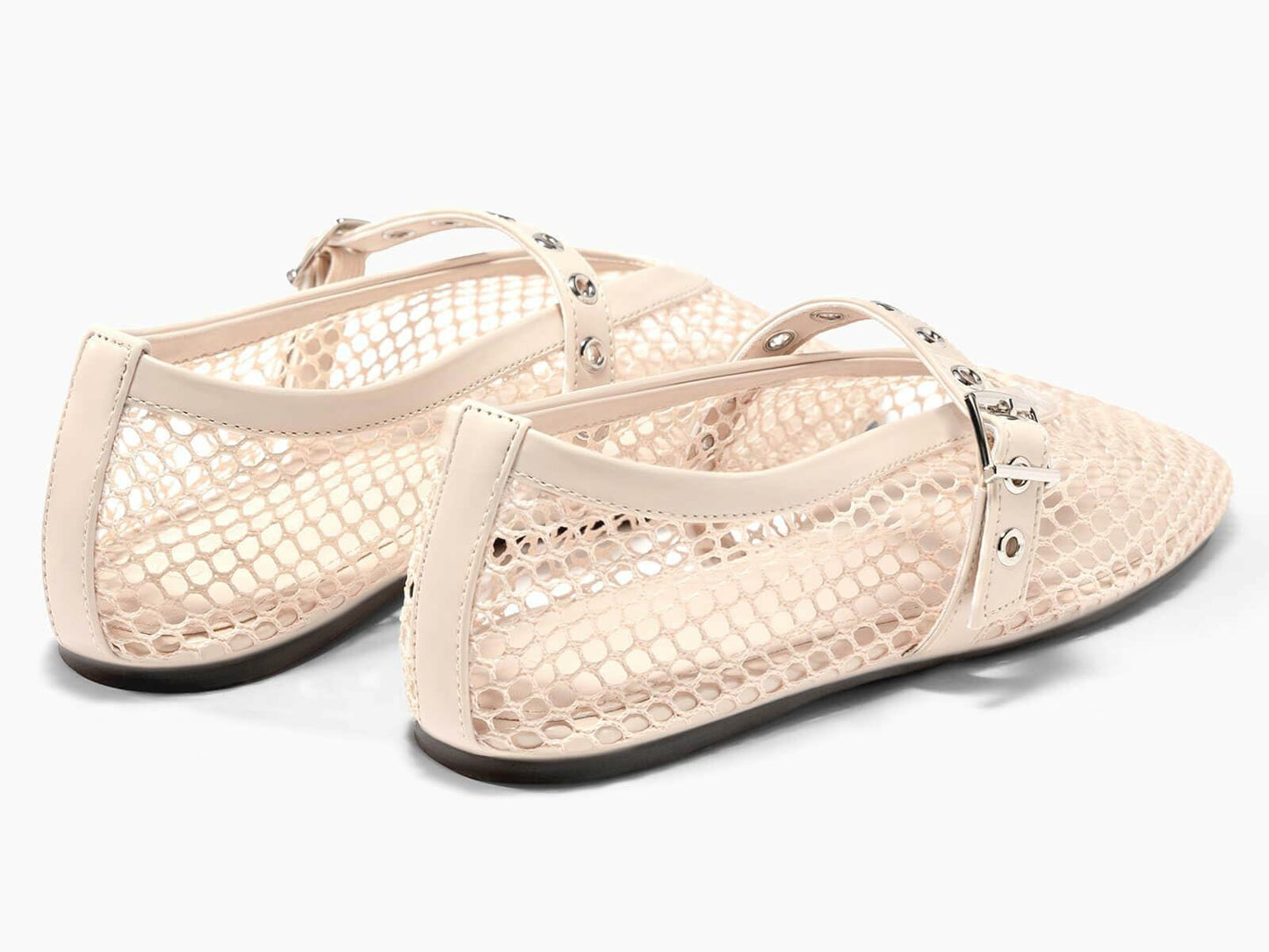 Coutgo Womens Mesh Ballet Flats Mary Jane Fishnet Ballerina Buckle Nude OPEN BOX
