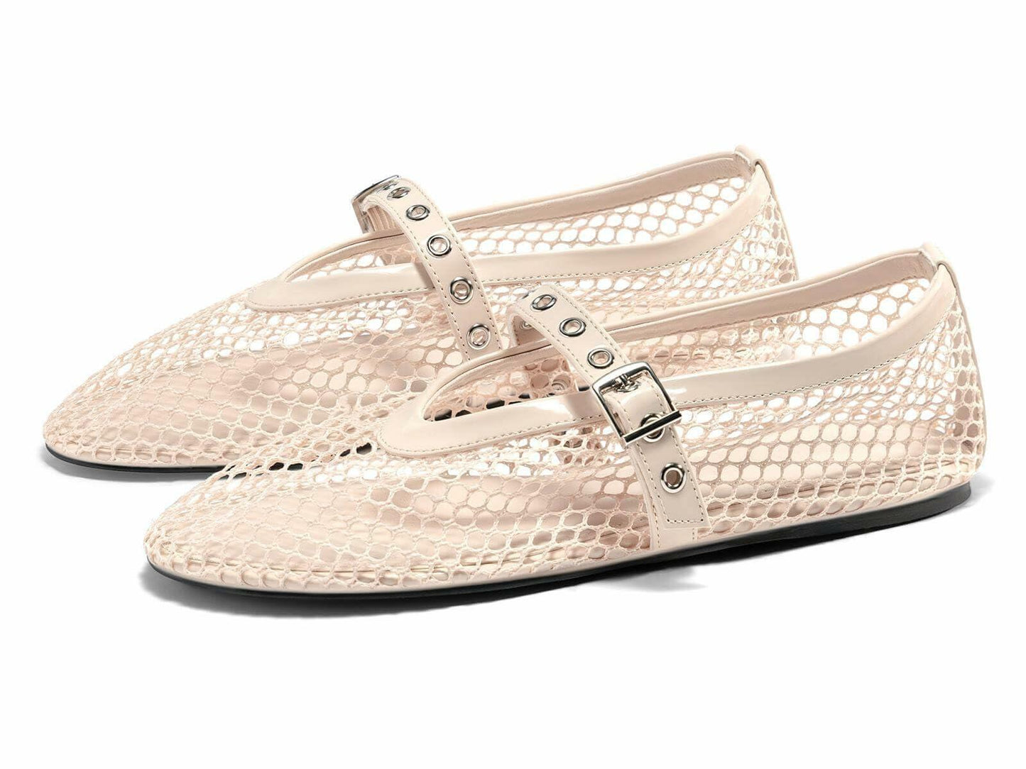 Coutgo Womens Mesh Ballet Flats Mary Jane Fishnet Ballerina Buckle Nude OPEN BOX