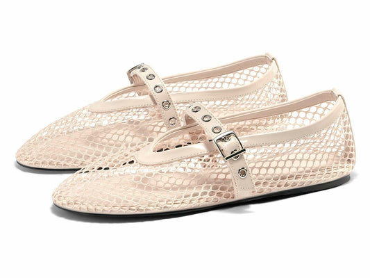 Coutgo Womens Mesh Ballet Flats Mary Jane Fishnet Ballerina Buckle Nude OPEN BOX