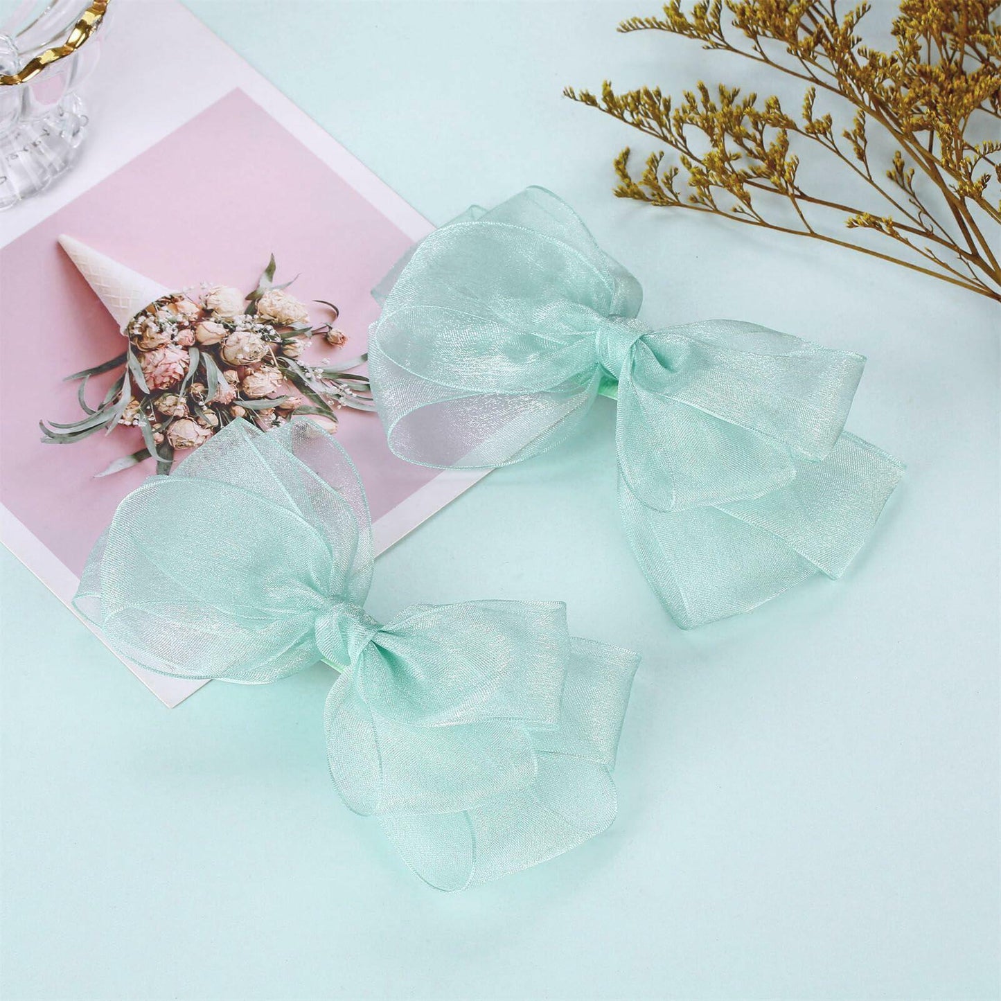 ZOLYCO Large 6 Inch Organza Double Hair Bow Clip Green 2 Pcs