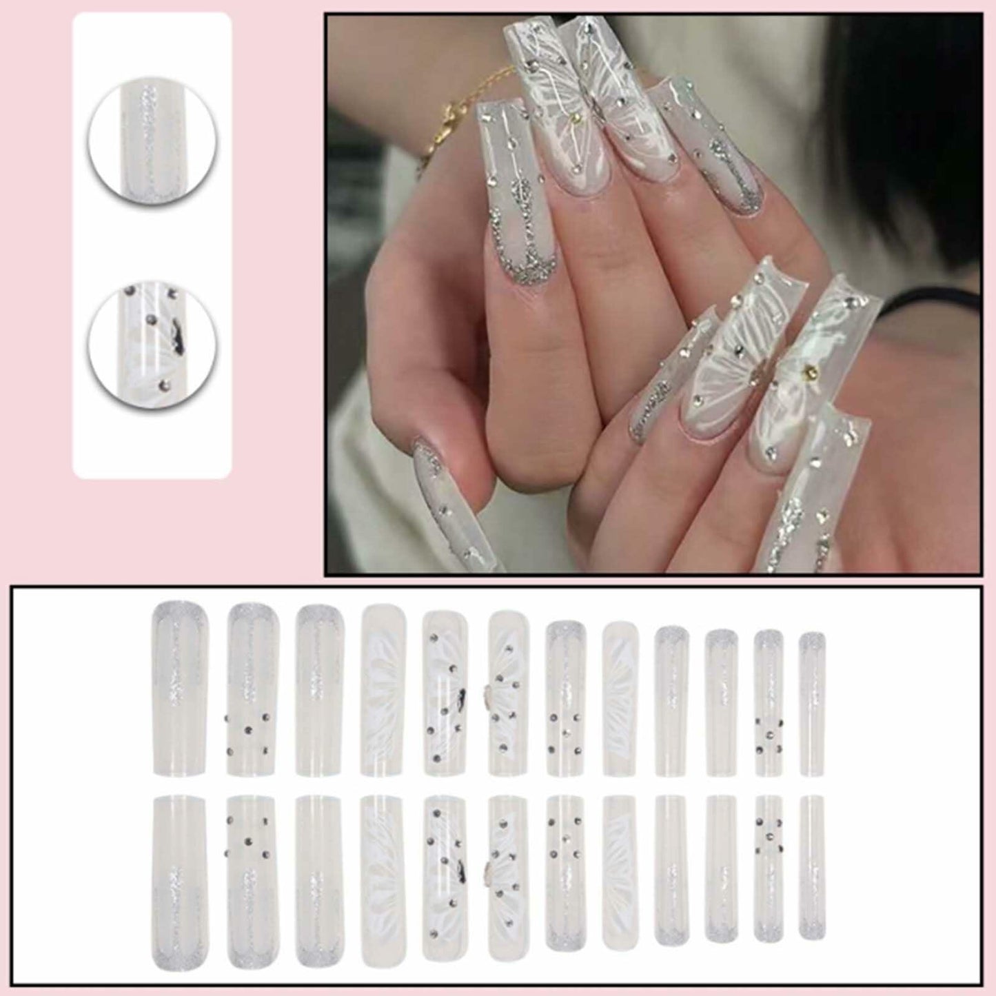 Gifiky Long Square Press-On Nails 24Pcs Gray Glitter Marble Fake Nails Women