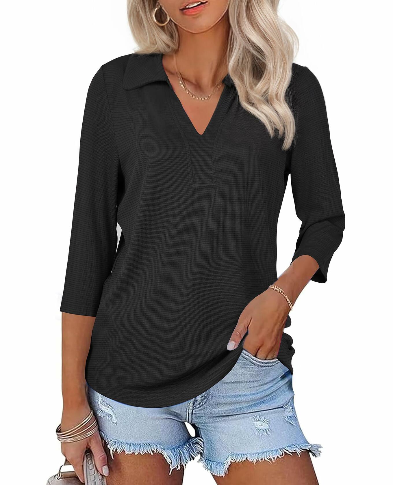 Uhiger Womens Spring Tunic Polo Shirt V Neck 3/4 Sleeve Black Size S