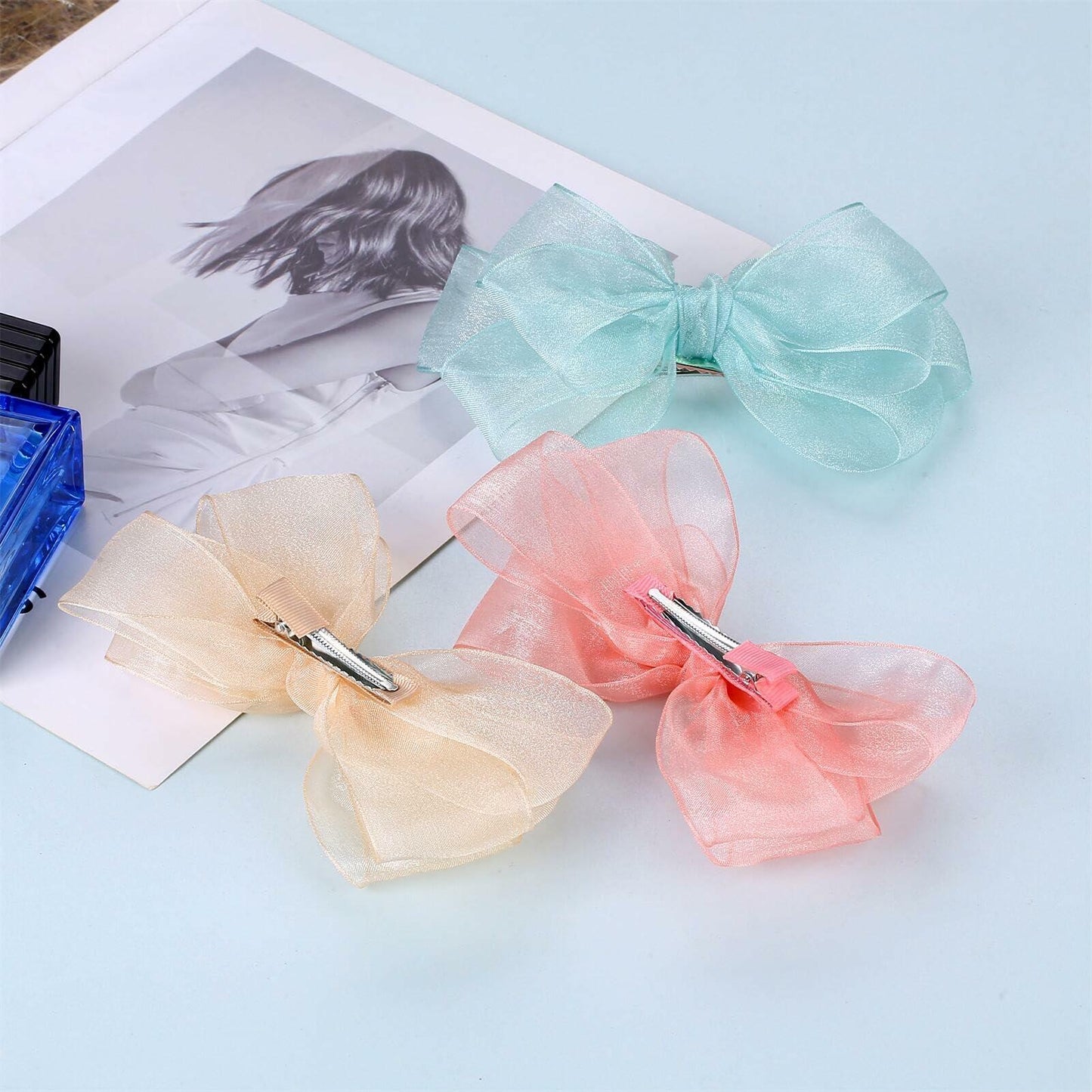 ZOLYCO Large 6 Inch Organza Double Hair Bow Clip Green 2 Pcs