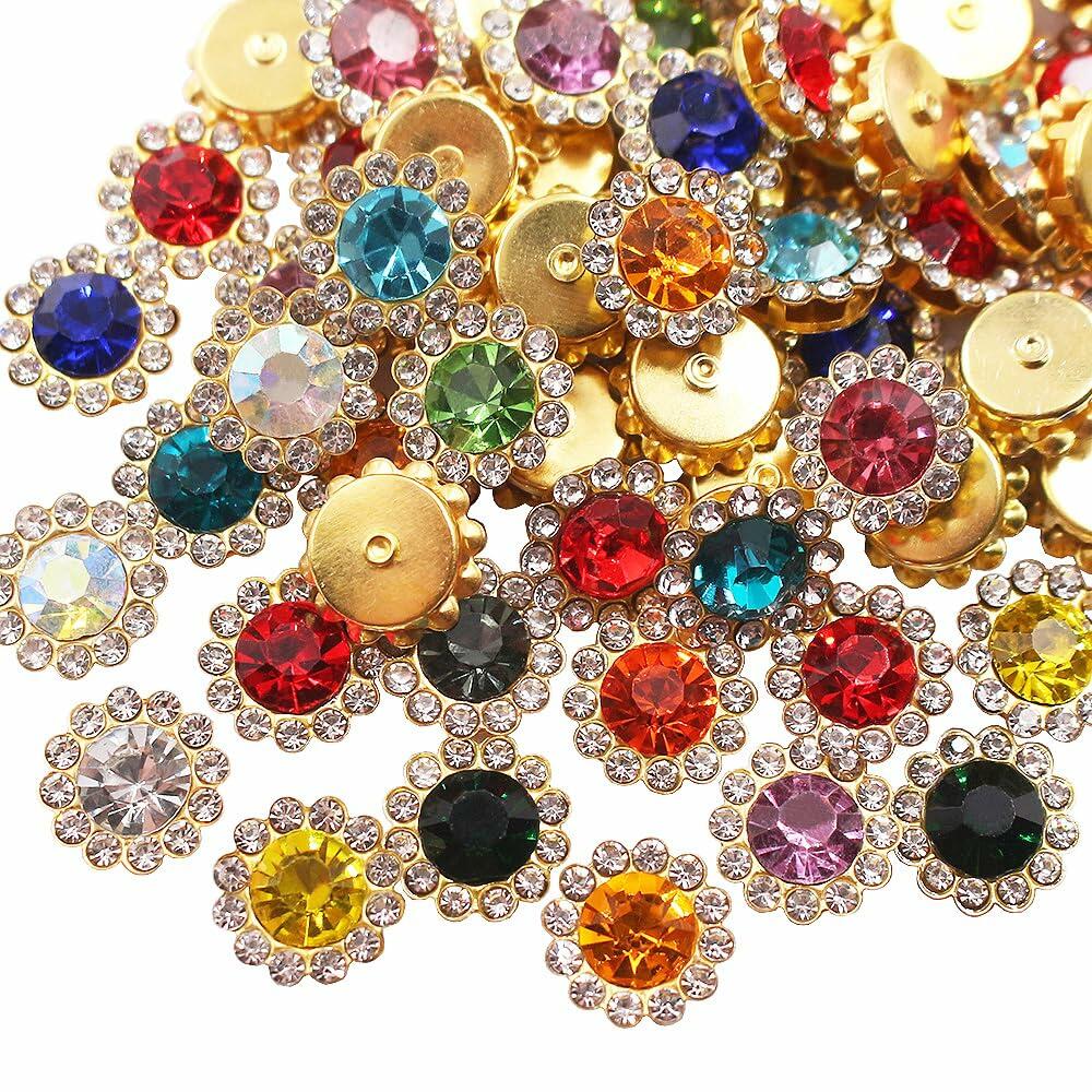 LICHLIN 100pcs 12mm Sunflower Claw Rhinestones Gold Base Mix Color