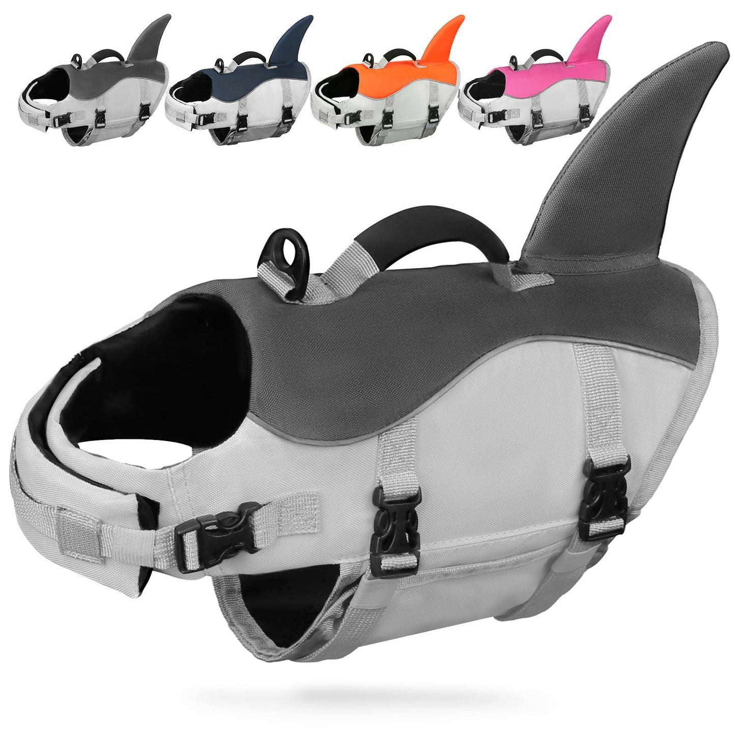 AMZNOVA Shark Dog Life Jacket Swimming Vest with Handle Grey Size XL