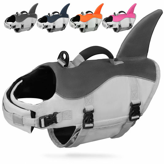 AMZNOVA Shark Dog Life Jacket Swimming Vest with Handle Grey Size XL