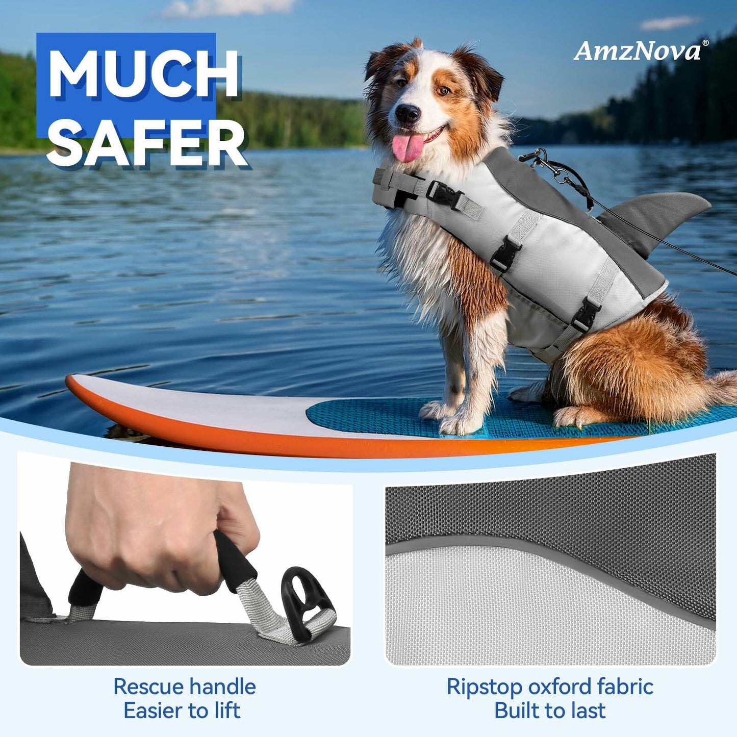 AMZNOVA Shark Dog Life Jacket Swimming Vest with Handle Grey Size XL