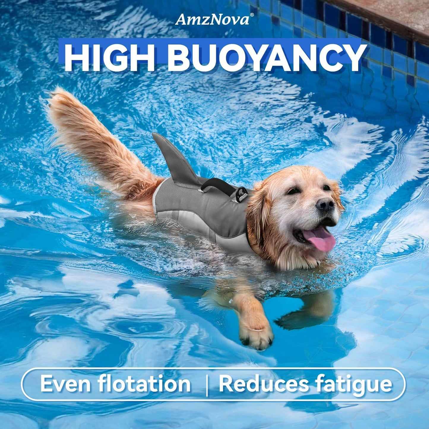 AMZNOVA Shark Dog Life Jacket Swimming Vest with Handle Grey Size XL