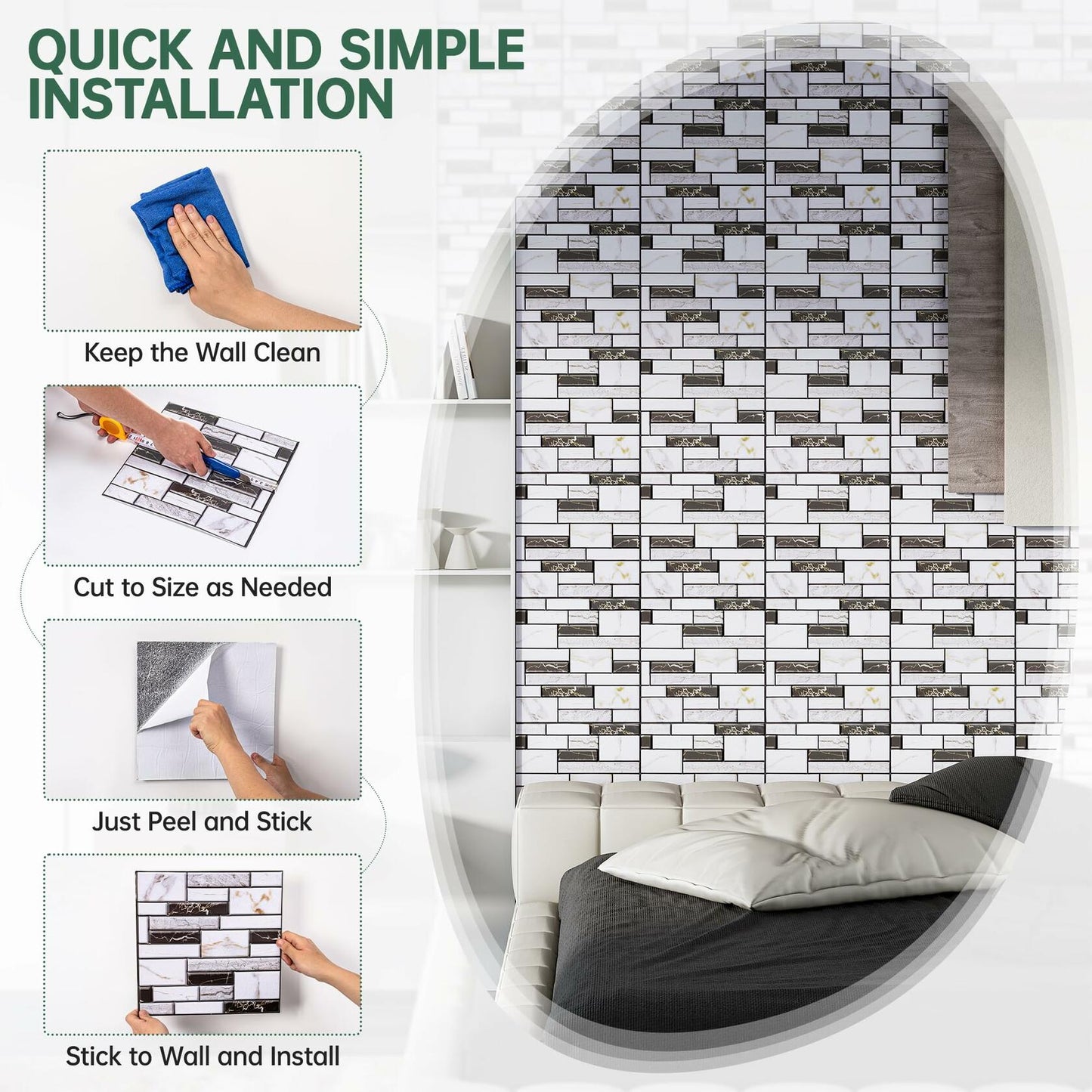 VallisCo 3D Faux Brick Wall Panel 12x12 Black White Marble 10 Pcs PVC