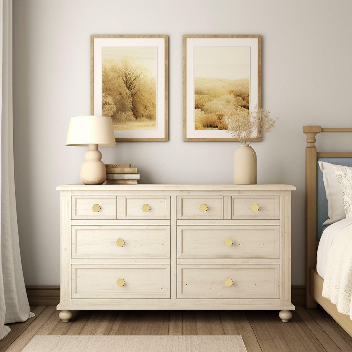 MODMONE Solid Brass Hexagonal Cabinet Knobs 1.18" Brushed Gold 10 Pack