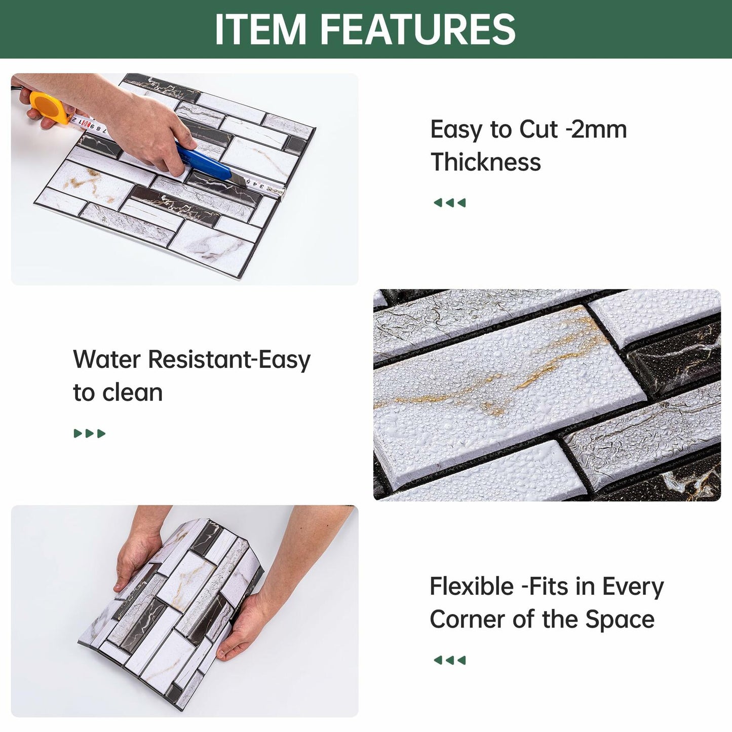 VallisCo 3D Faux Brick Wall Panel 12x12 Black White Marble 10 Pcs PVC