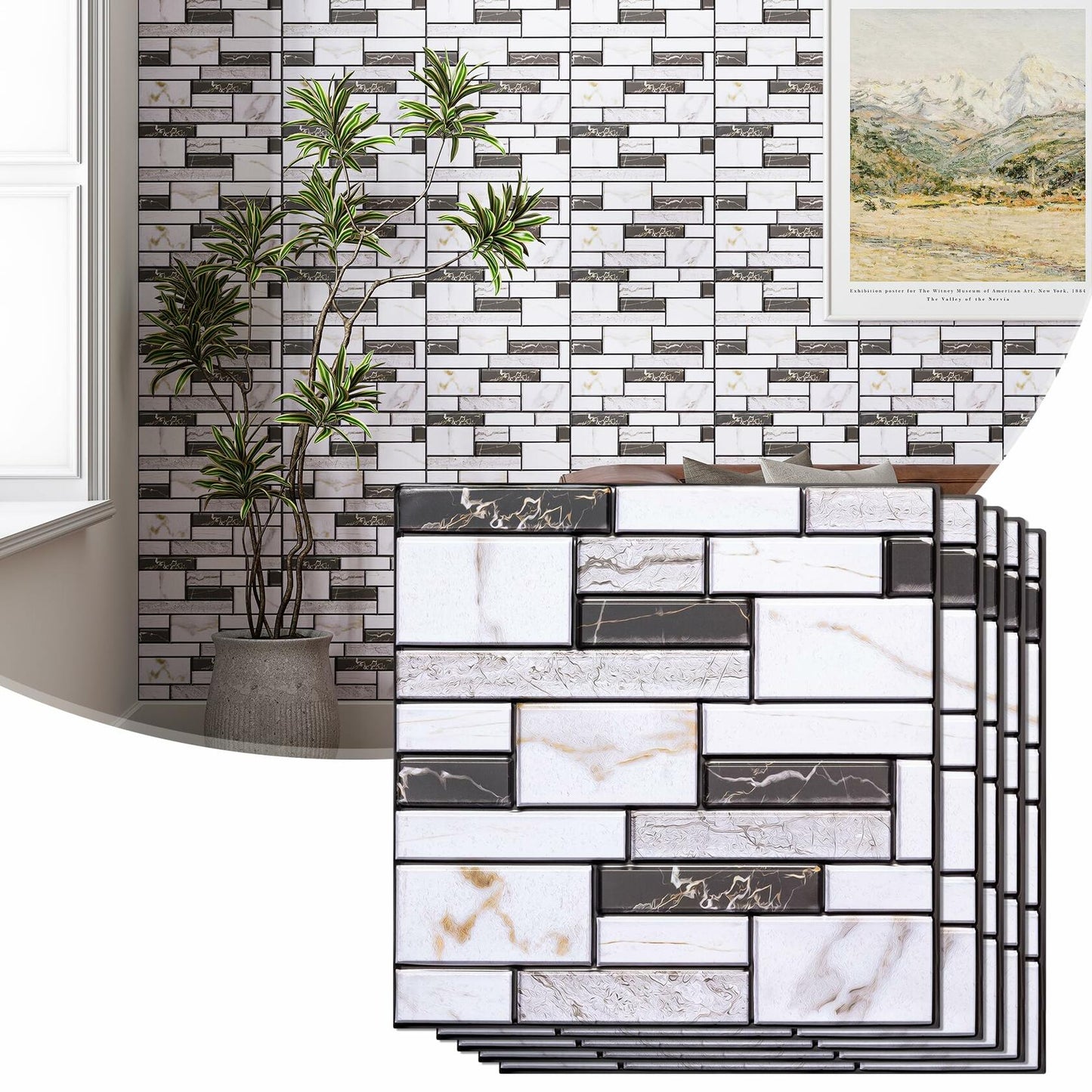 VallisCo 3D Faux Brick Wall Panel 12x12 Black White Marble 10 Pcs PVC