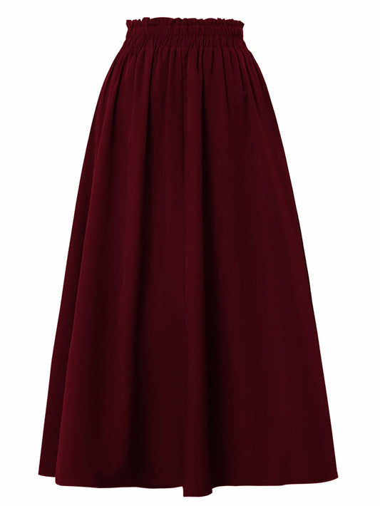 TuoGo Women's Elastic Waist A-Line Midi Skirt Wine Red Size S