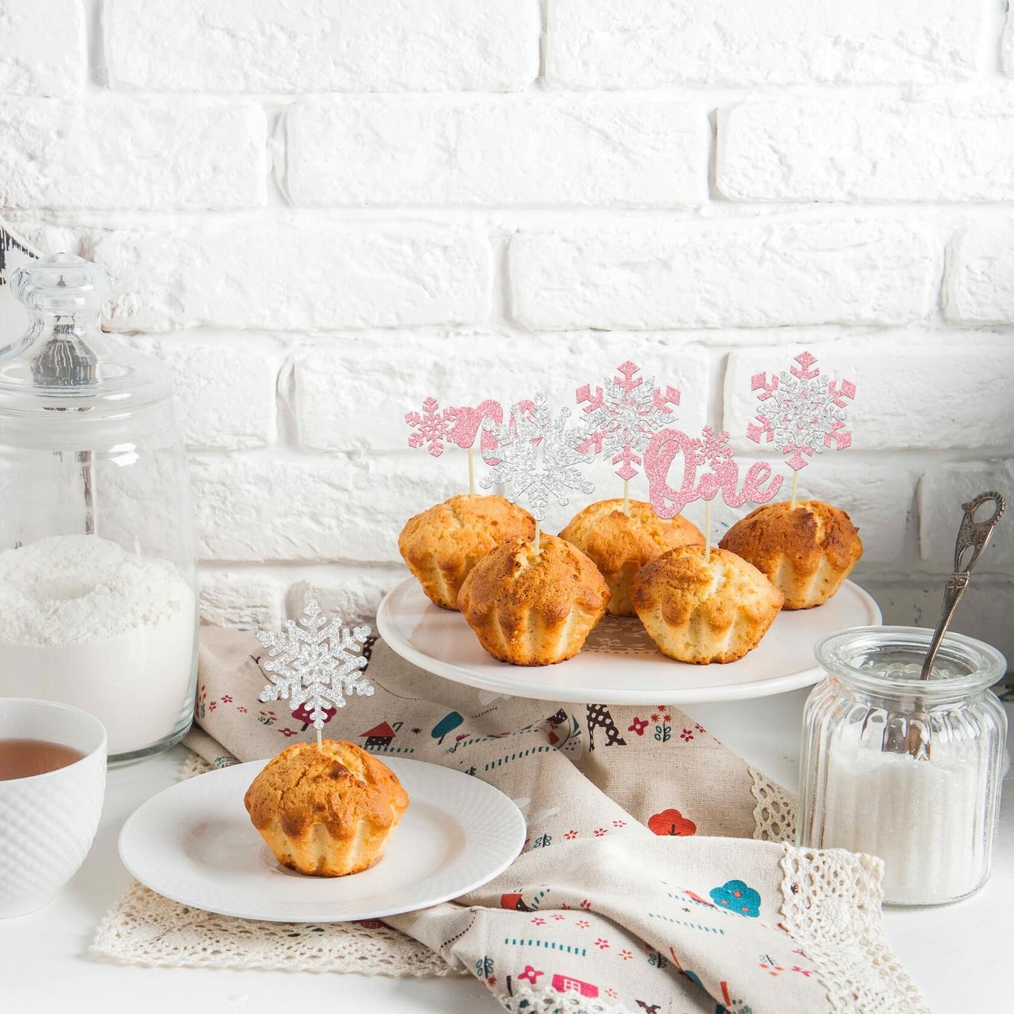 Gyufise 24Pcs Double Layer Pink Glitter Snowflake Cupcake Toppers Paper