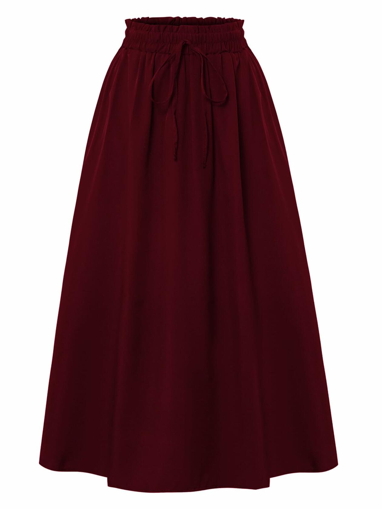 TuoGo Women's Elastic Waist A-Line Midi Skirt Wine Red Size S