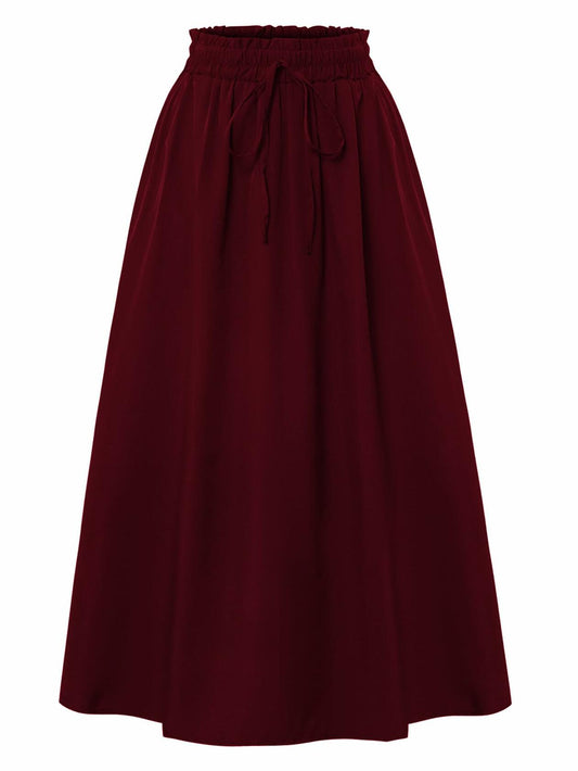 TuoGo Women's Elastic Waist A-Line Midi Skirt Wine Red Size S